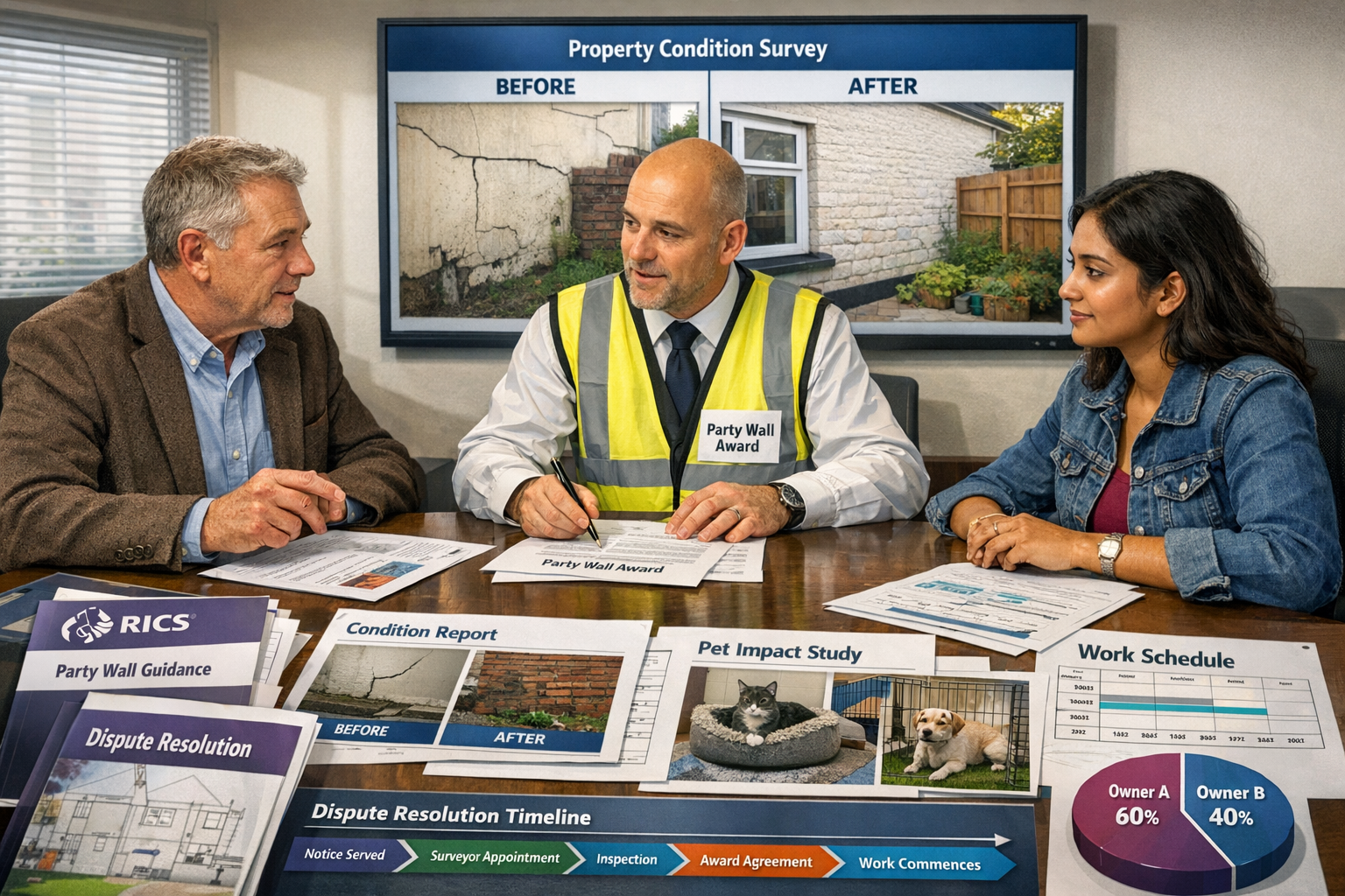Detailed () image depicting dispute resolution and surveyor coordination scene in modern UK property context. Main