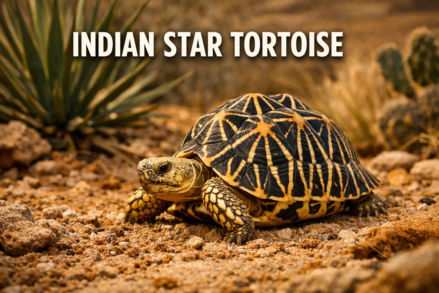 Professional landscape hero image (1536x1024) featuring a stunning Indian Star Tortoise with distinctive star patterns on its shell, positio