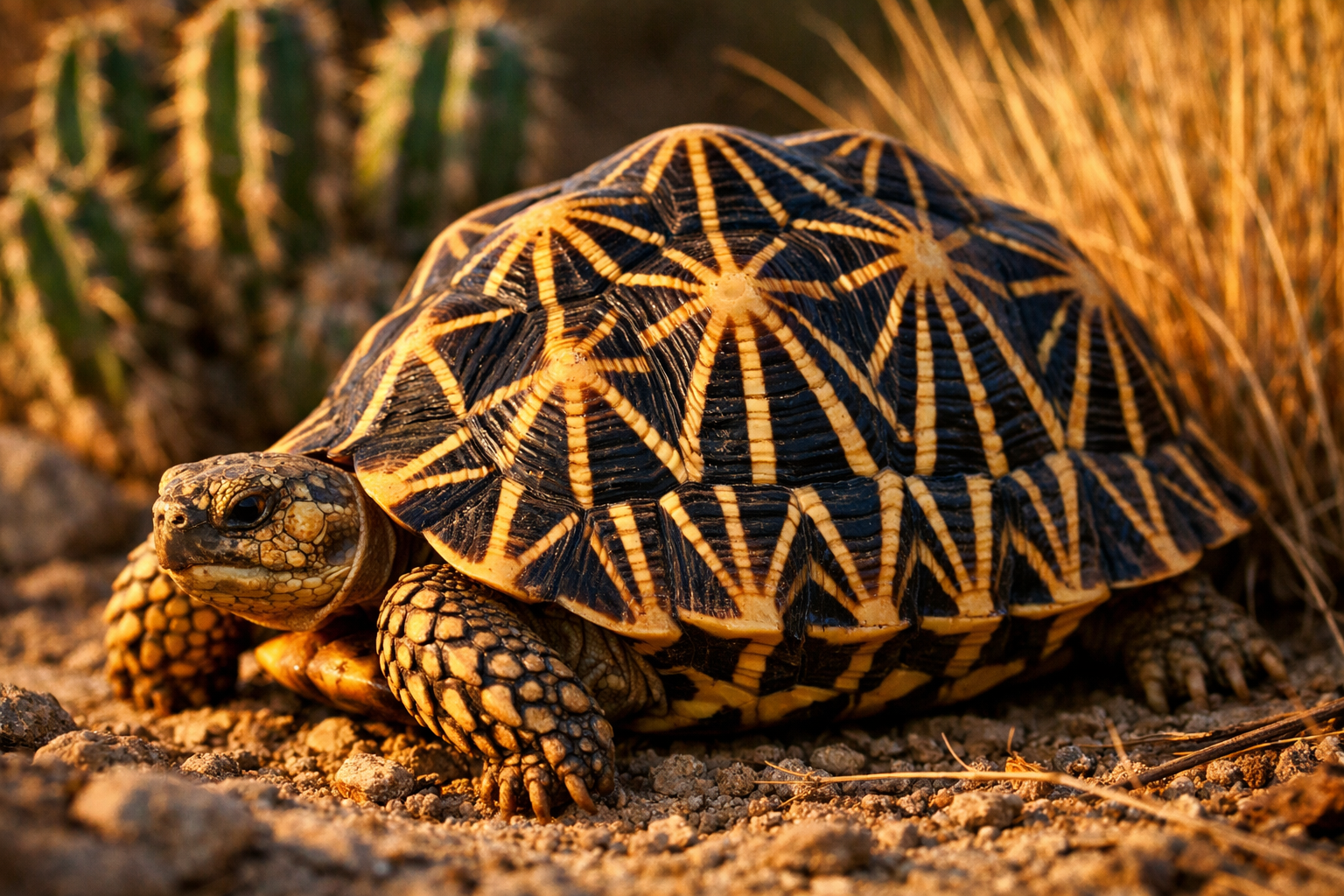 Detailed close-up photograph of Indian Star Tortoise showing intricate star-pattern shell markings, natural desert habitat with cacti and dr