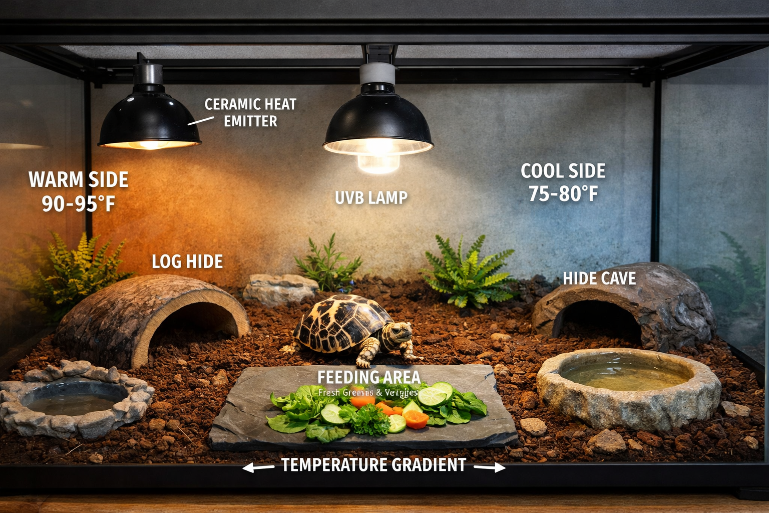 Indoor tortoise habitat setup showing proper enclosure for Indian Star Tortoise with UVB lighting fixture, ceramic heat emitter, water dish,