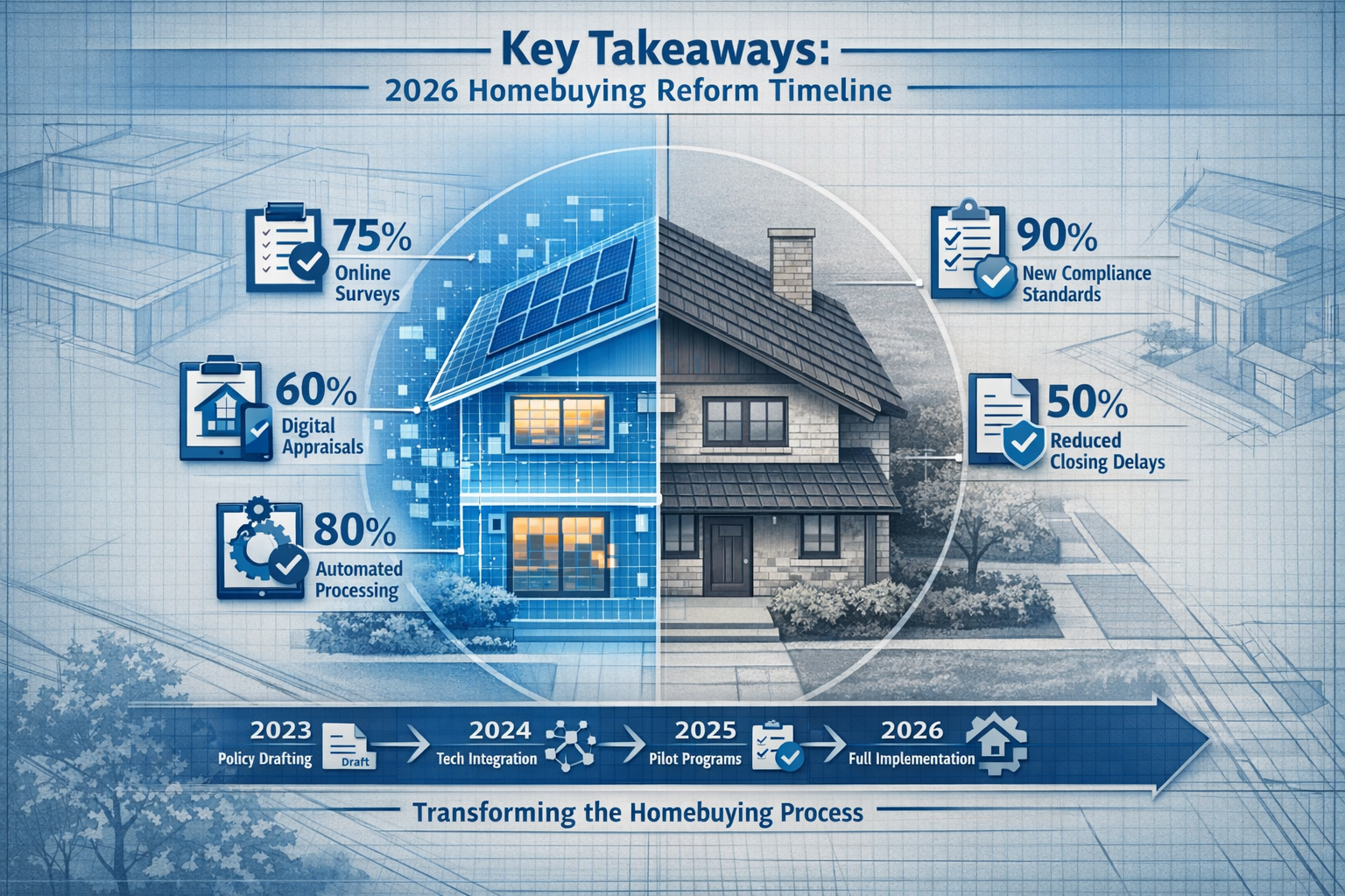 Key Takeaways section infographic with architectural blueprint overlay, featuring 2026 Homebuying Reform timeline visualization. Central gra