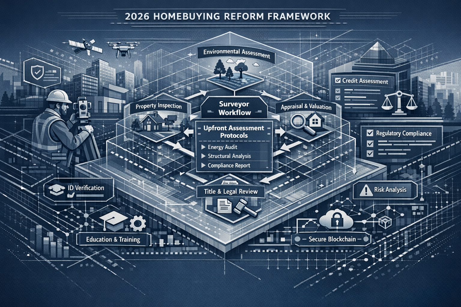 2026 Homebuying Reform Framework visualization depicting a multi-layered architectural blueprint landscape. Central illustration shows inter