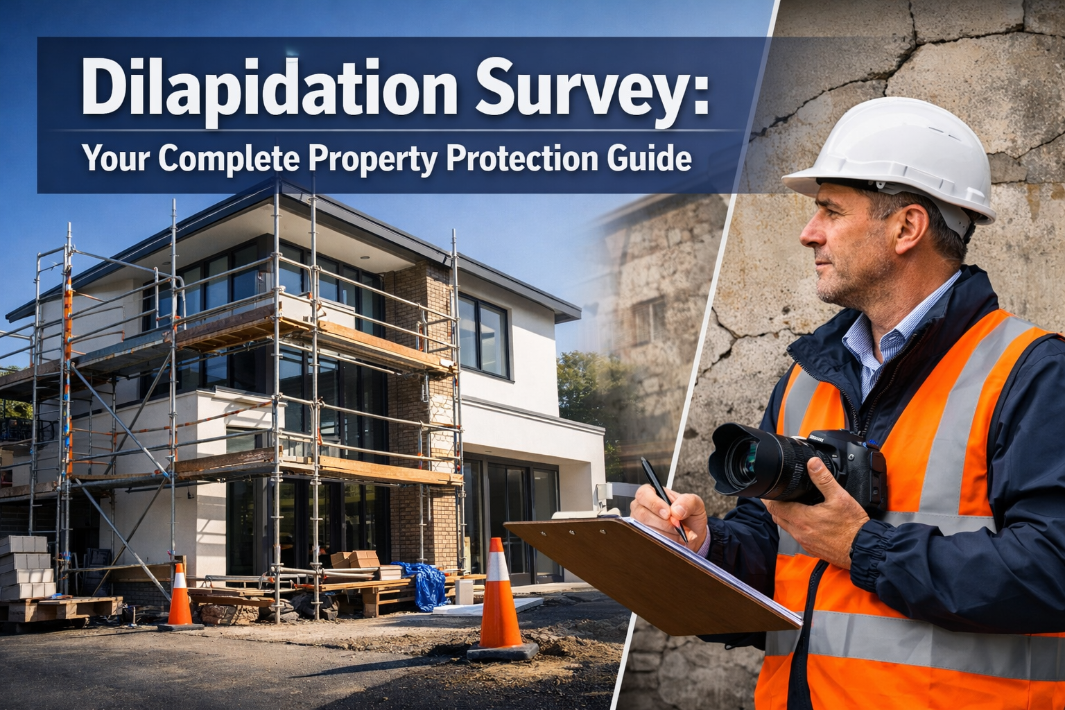 Professional landscape format (1536x1024) editorial hero image featuring bold text overlay 'Dilapidation Survey: Your Complete Property Prot
