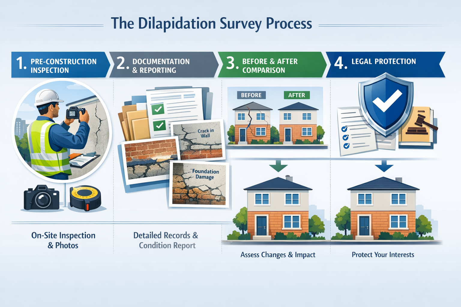 Detailed landscape format (1536x1024) infographic illustration showing the complete dilapidation survey process as a numbered timeline flowc