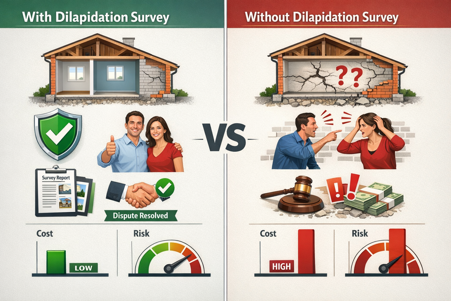 Comprehensive landscape format (1536x1024) visual comparison chart displaying two scenarios side-by-side. Left panel labeled 'With Dilapidat