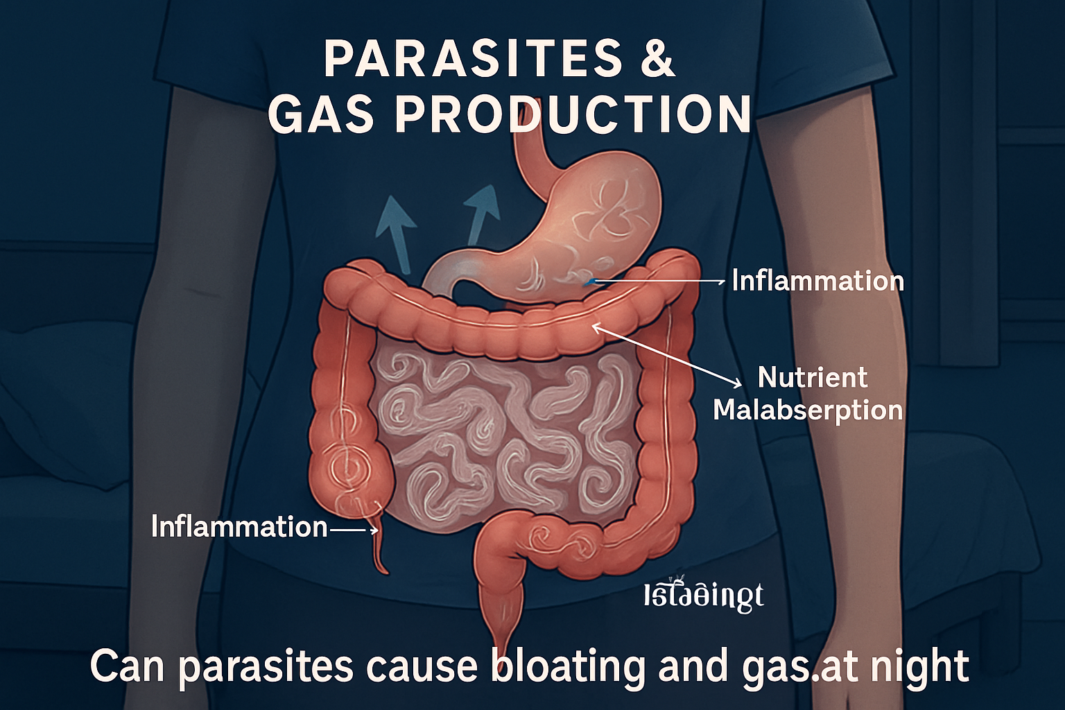 A detailed infographic illustration of the human digestive system highlighting the intestines with subtle translucent outlines of various ty