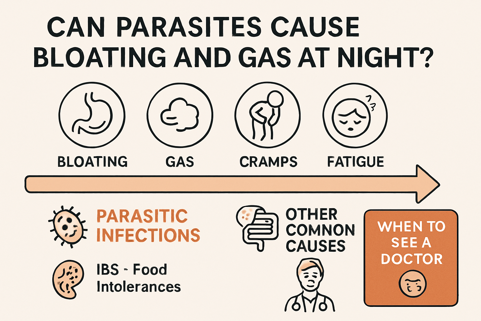 An illustrative diagram showing a timeline of common digestive symptoms like bloating, gas, cramps, and fatigue, correlating them with poten