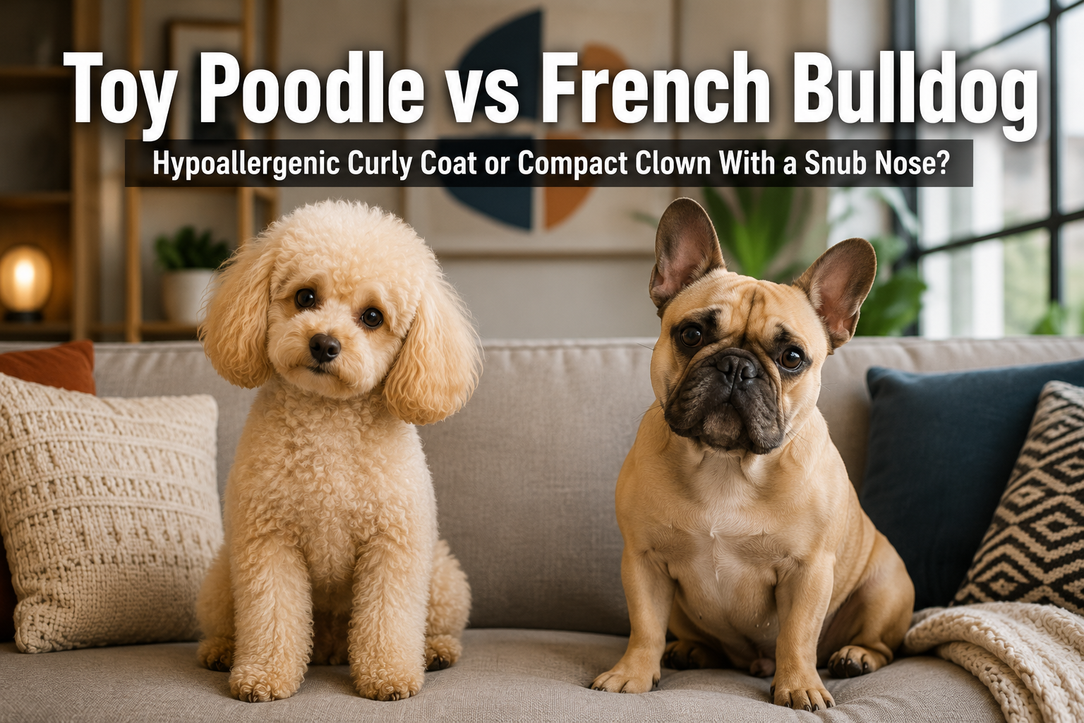 Professional () hero image featuring 'Toy Poodle vs French Bulldog' in extra large white with dark , centered in upper