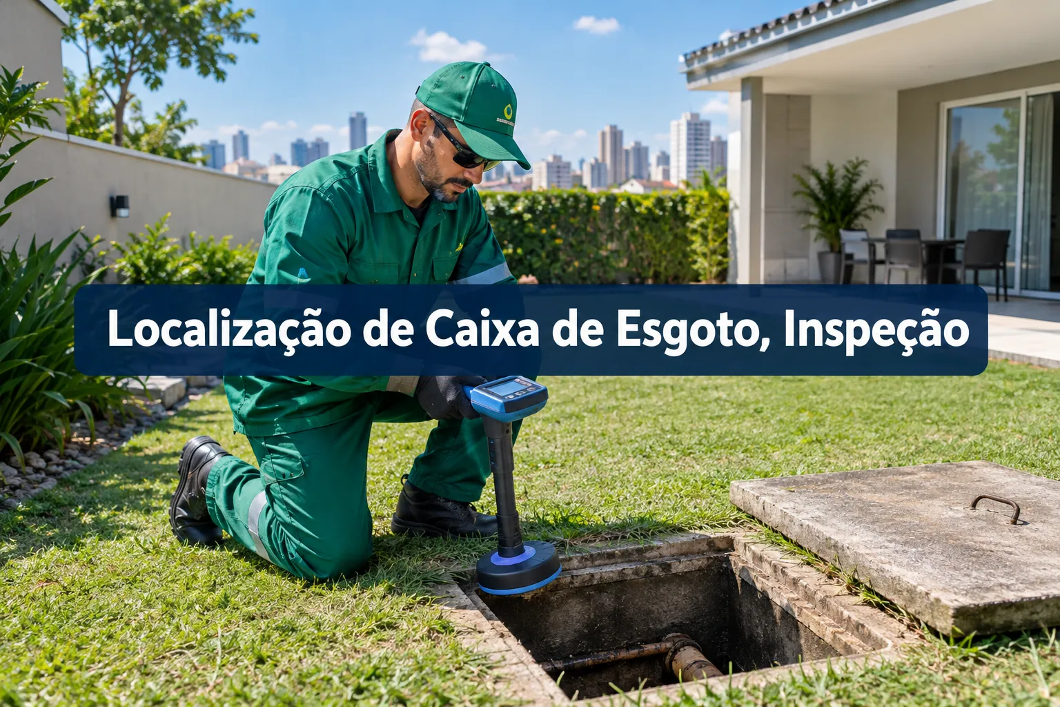 Professional () hero image with SHORT (≤42 chars): 'Localização de Caixa de Esgoto, Inspeção', white on a dark