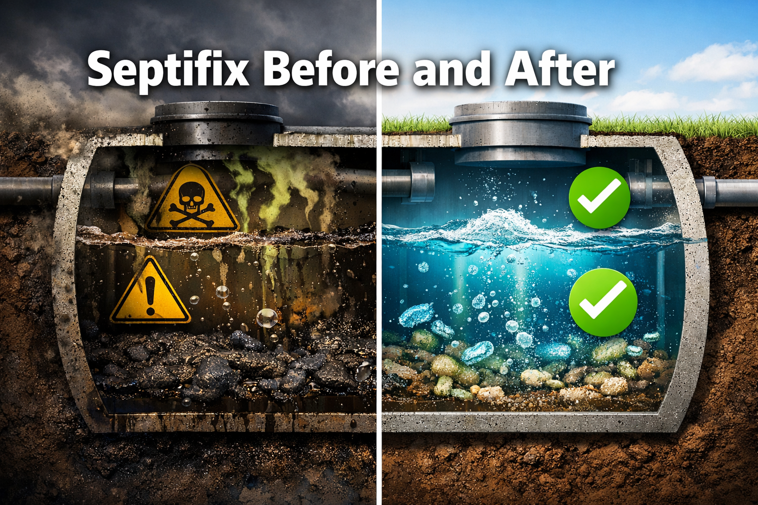 Professional () hero image with 'Septifix Before and After' in extra large white with dark drop , centered in upper third.