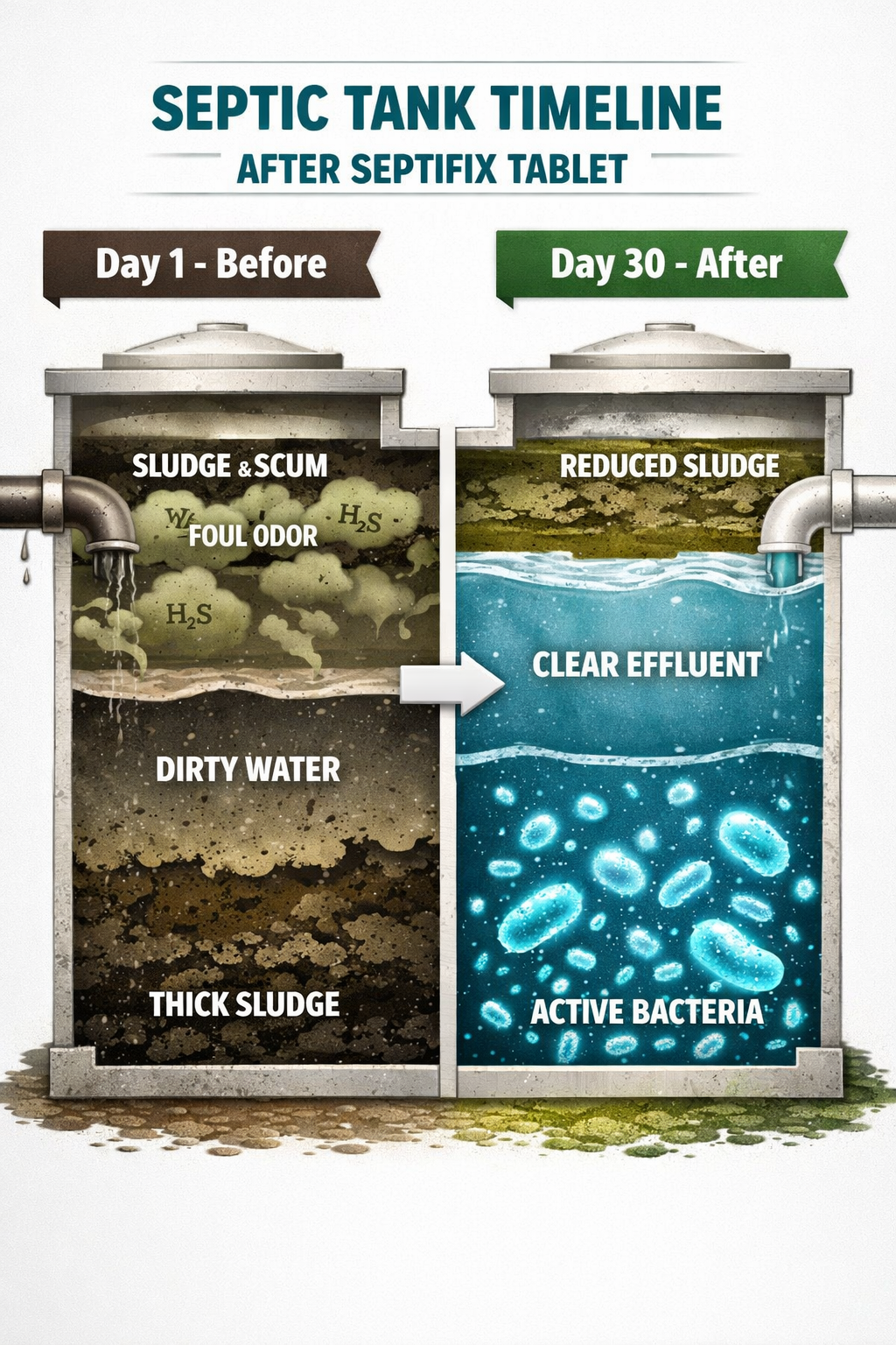 () detailed infographic illustration showing a cross-section timeline of a septic tank over 30 days after Septifix tablet