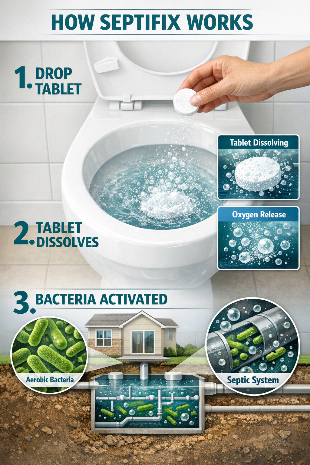 () step-by-step visual guide showing hands dropping a white Septifix effervescent tablet into a toilet bowl with visible