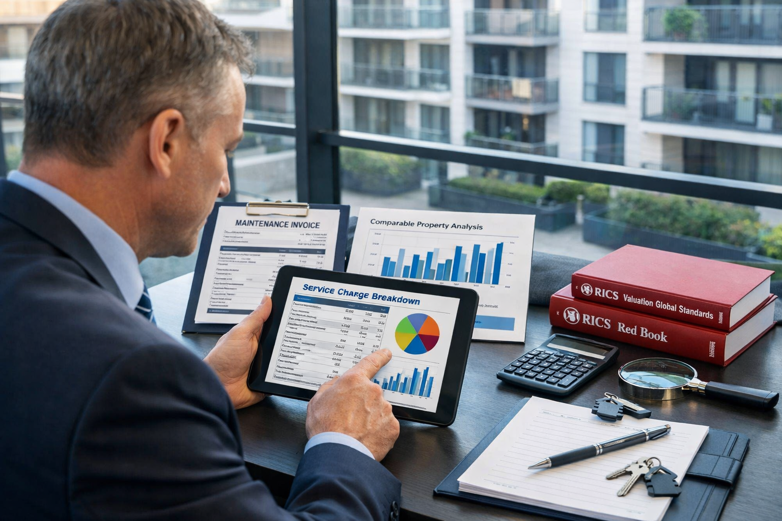 Detailed () image showing professional chartered surveyor in business attire examining detailed service charge breakdown