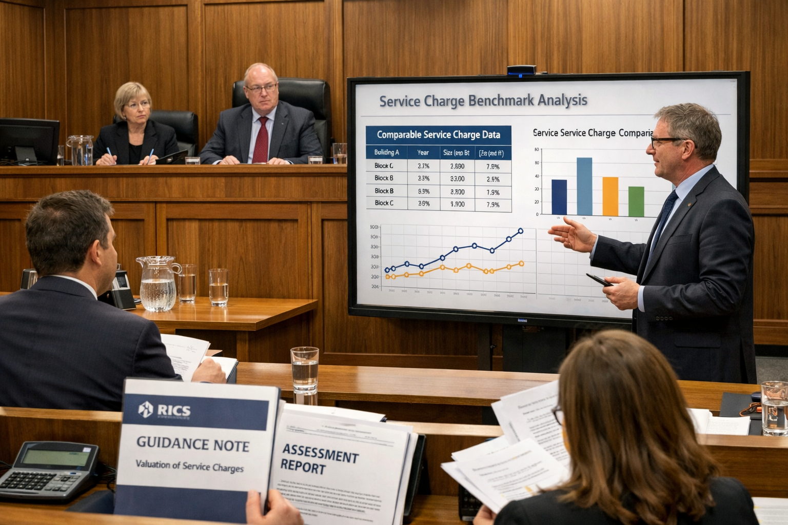 () image depicting First-tier Tribunal Property Chamber hearing room scene with expert witness stand in foreground, tribunal