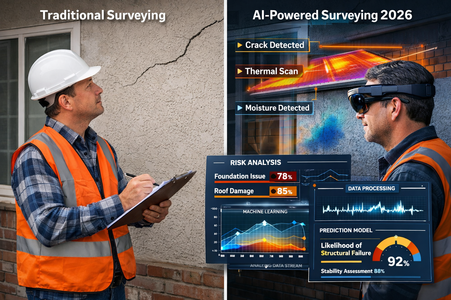 Landscape format (1536x1024) editorial image showing split-screen comparison of traditional property surveying versus AI-powered surveying i