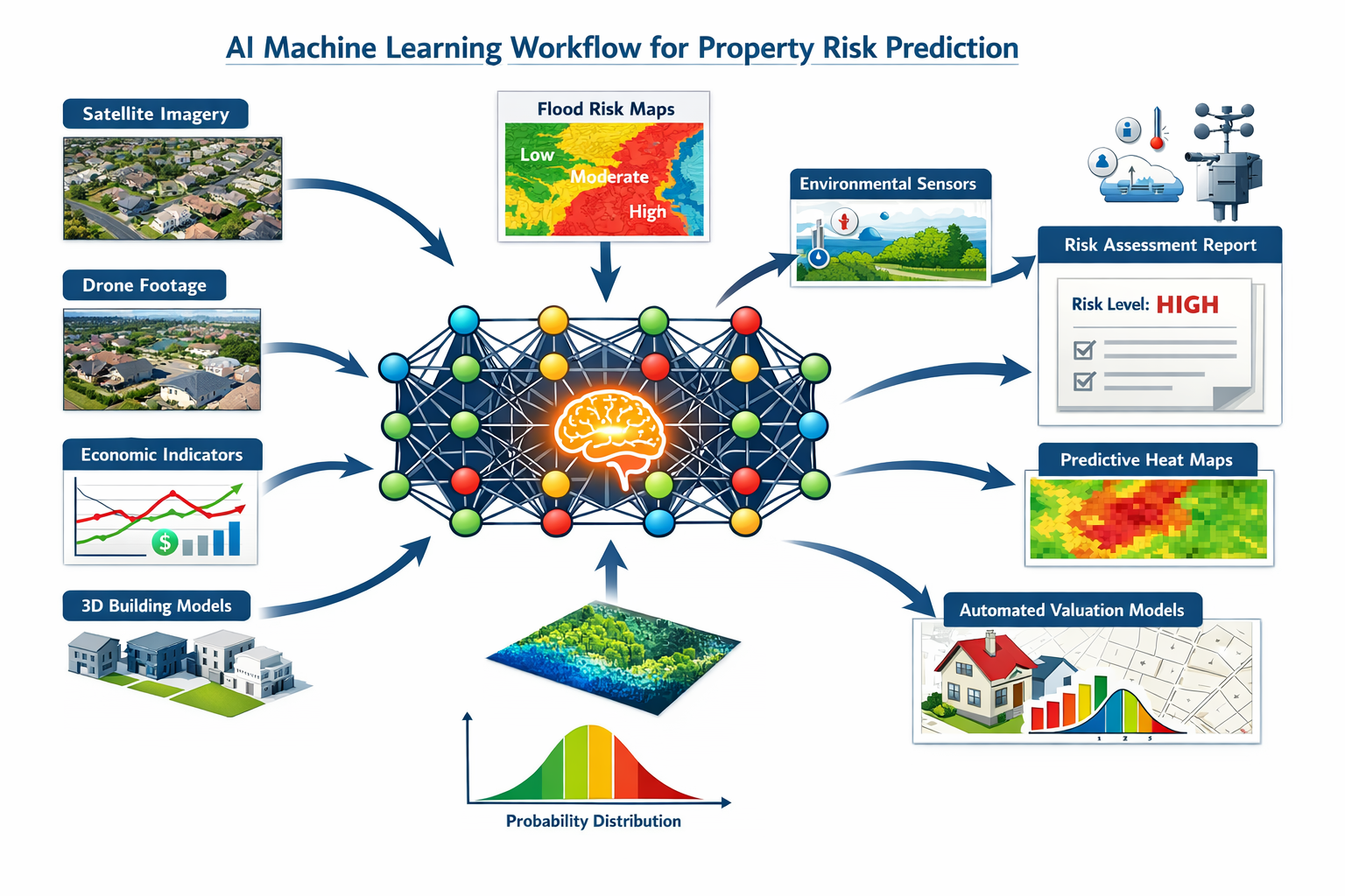 Landscape format (1536x1024) detailed infographic-style image showing AI machine learning workflow for property risk prediction. Central neu