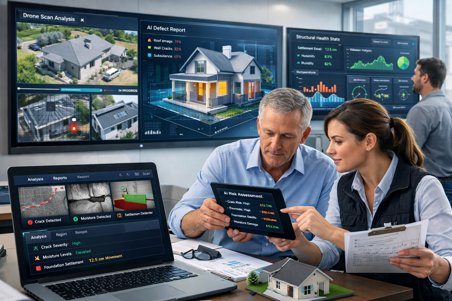 Landscape format (1536x1024) modern implementation scene showing surveying team collaborating with AI tools in 2026. Professional office env