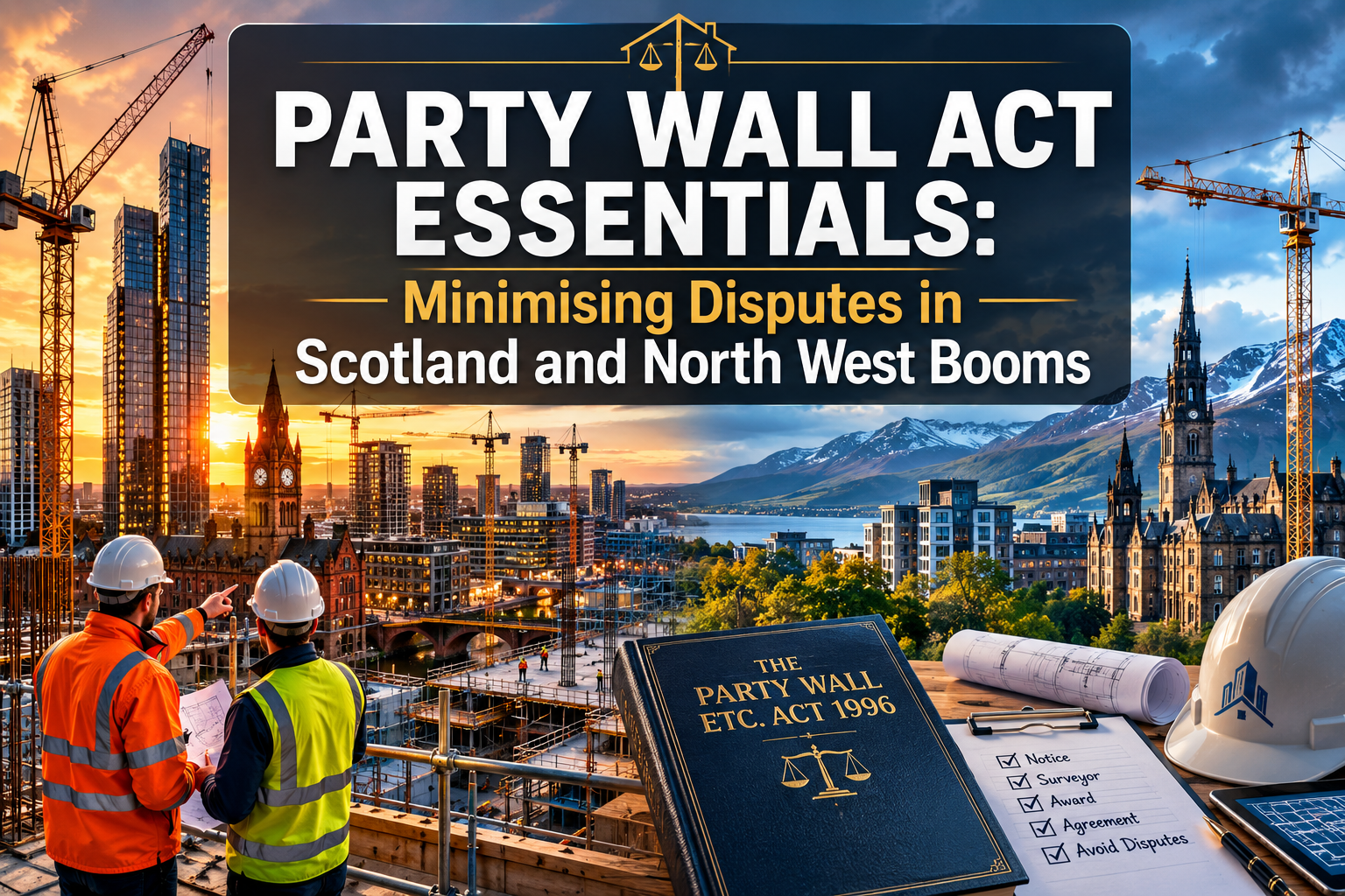 Professional () hero image with : 'Party Wall Act Essentials: Minimising Disputes in Scotland and North West Booms', extra