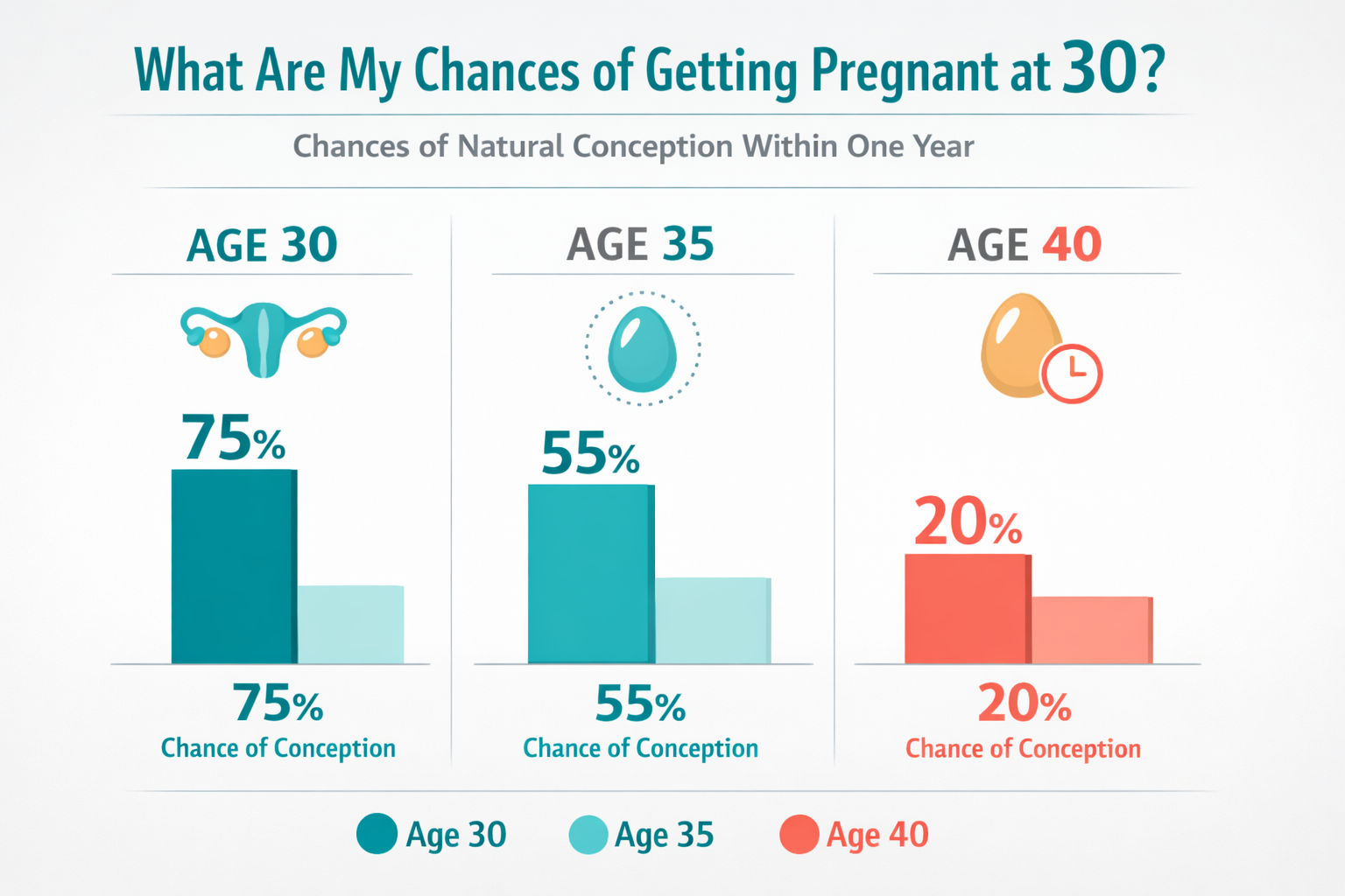 Landscape format (1536x1024) image depicting a clear, easy-to-understand infographic comparing fertility rates across different female age g