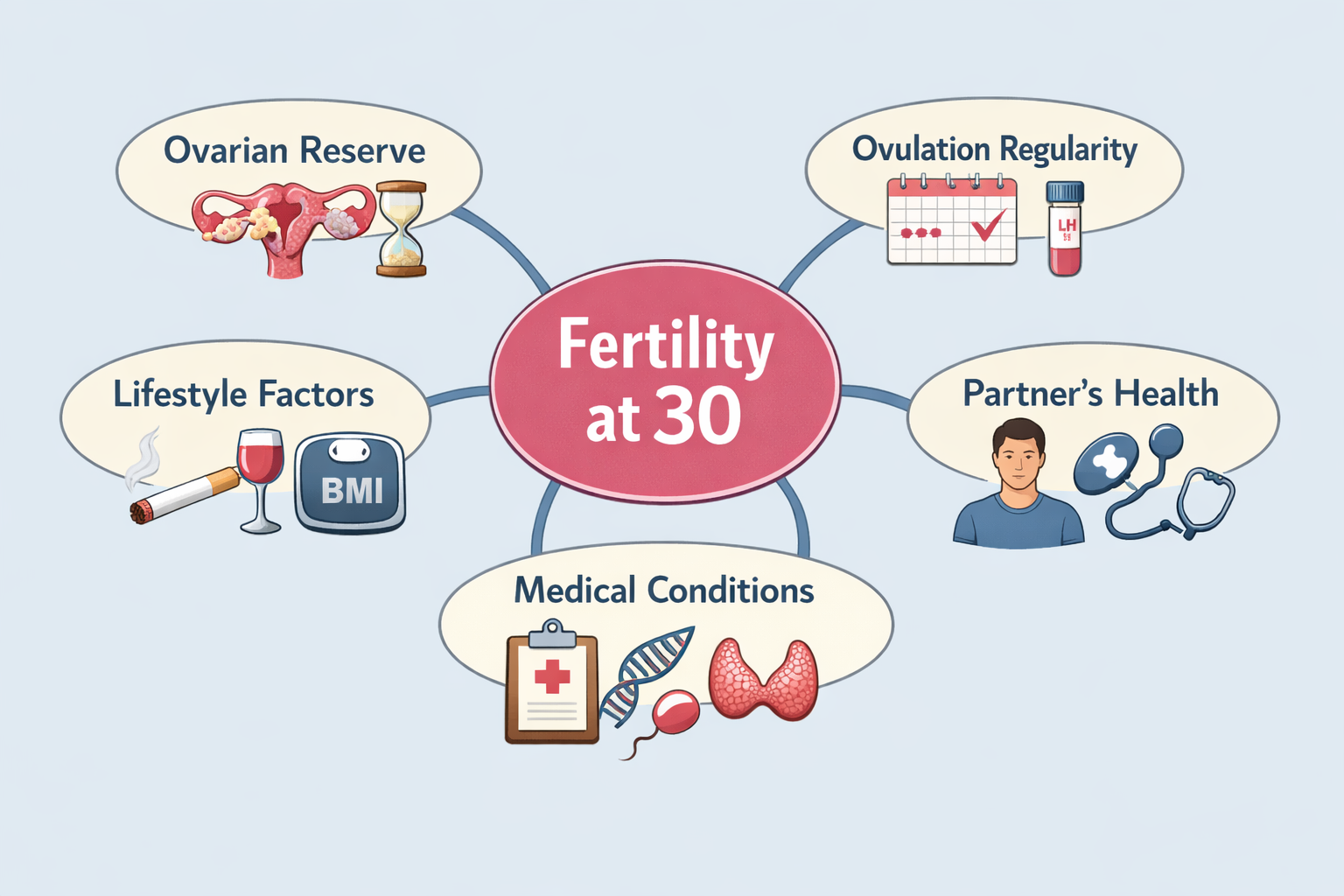 Landscape format (1536x1024) image illustrating various factors influencing fertility at 30, depicted as a branching mind map or connected d