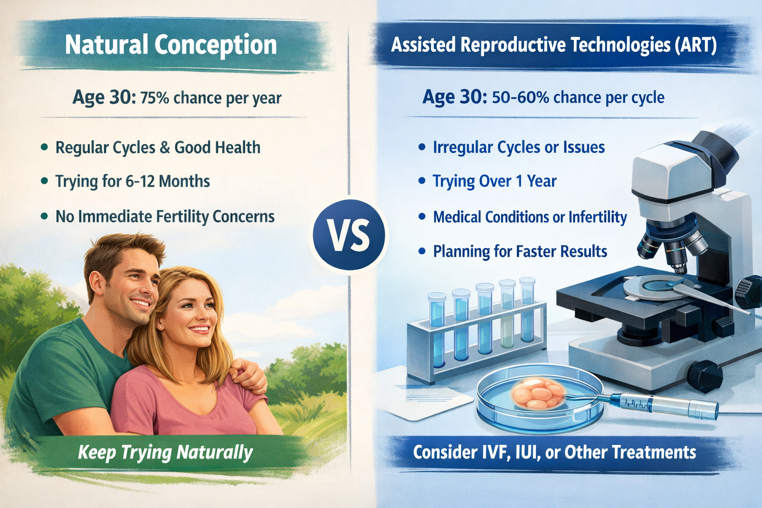 Landscape format (1536x1024) image showing a comparison table or split screen illustrating the differences between natural conception and va