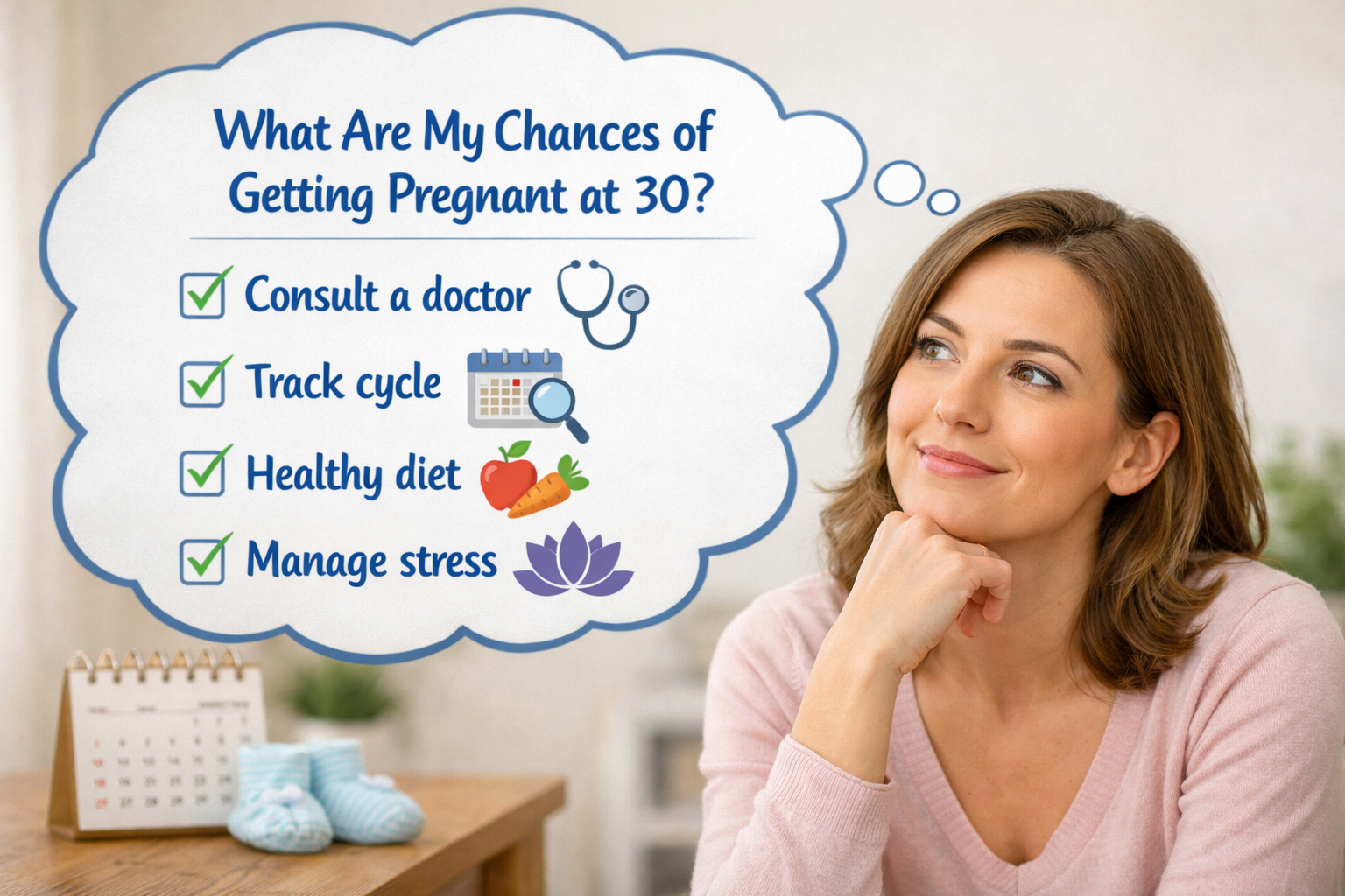 Landscape format (1536x1024) image with a checklist or thought bubble graphic for a woman in her early 30s reflecting on planning for pregna