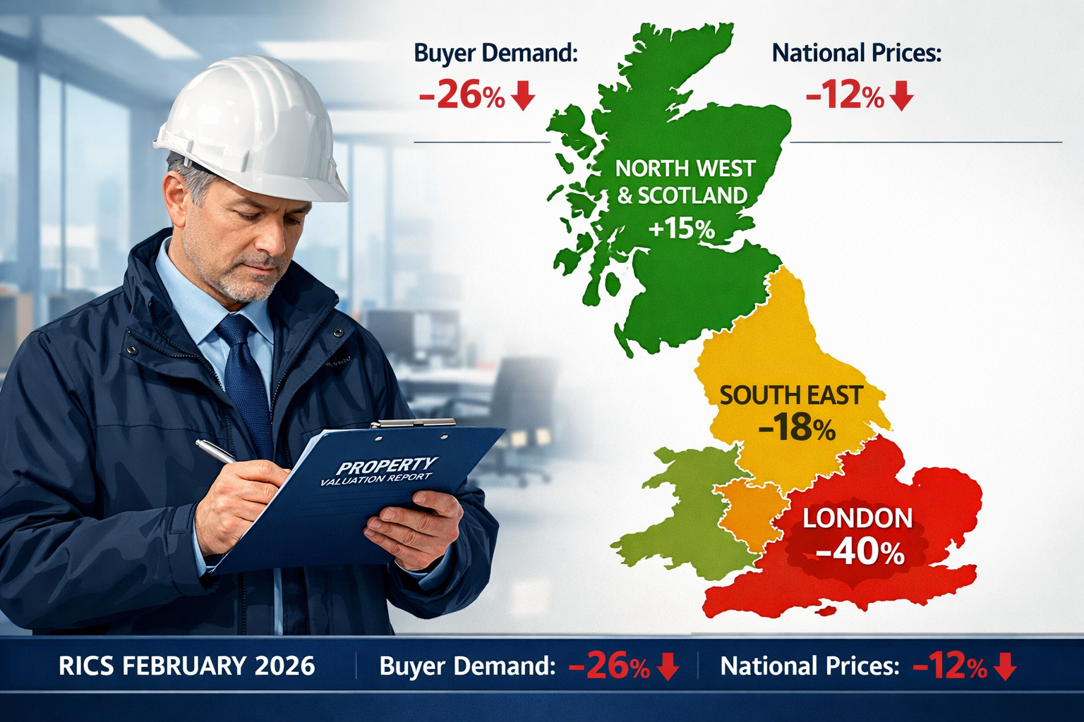 Detailed () infographic-style image showing a UK regional heat map with color-coded price sentiment data: deep red over