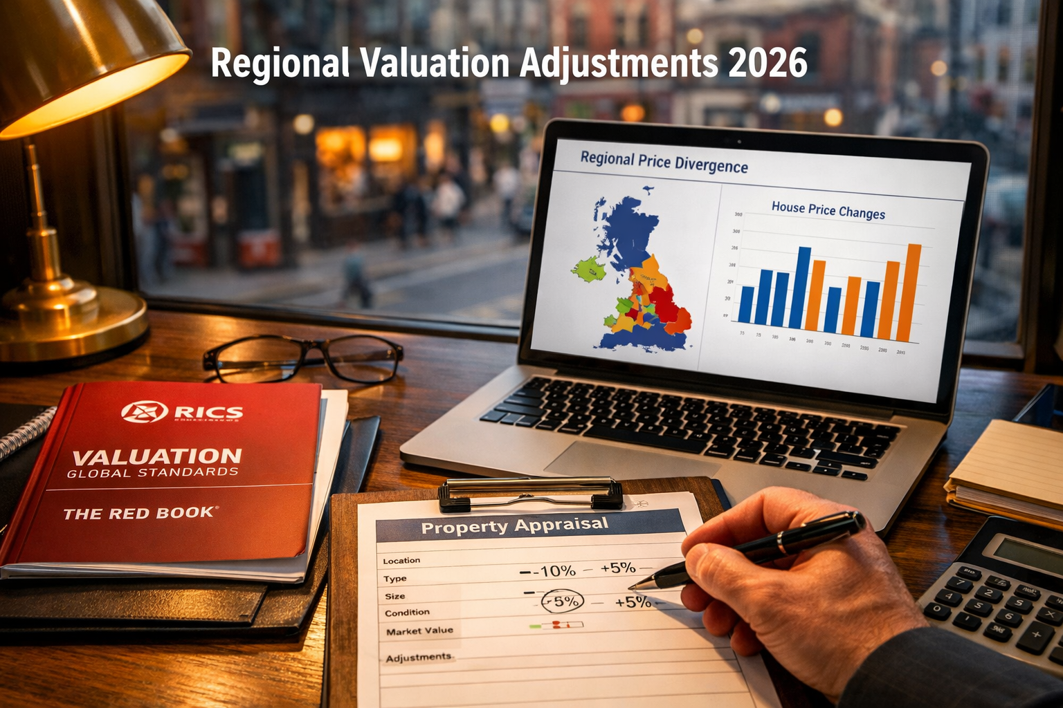 () showing a close-up overhead view of a surveyor's desk with RICS Red Book valuation documents, a laptop displaying