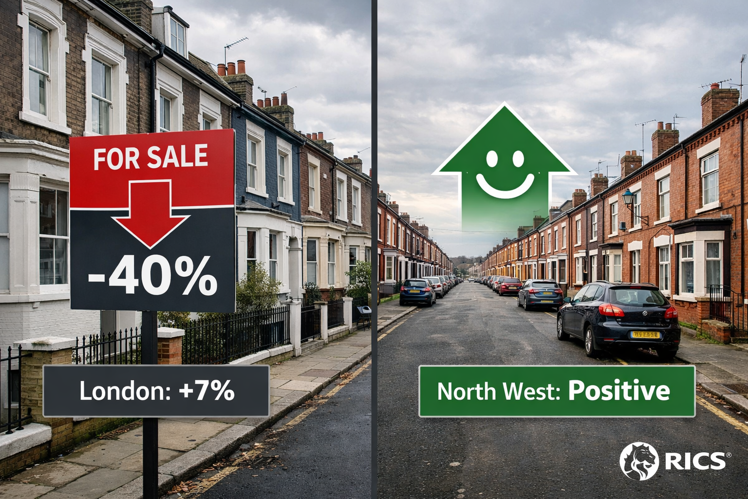 () depicting two contrasting property street scenes side by side: left panel shows a London flat-fronted Victorian terrace