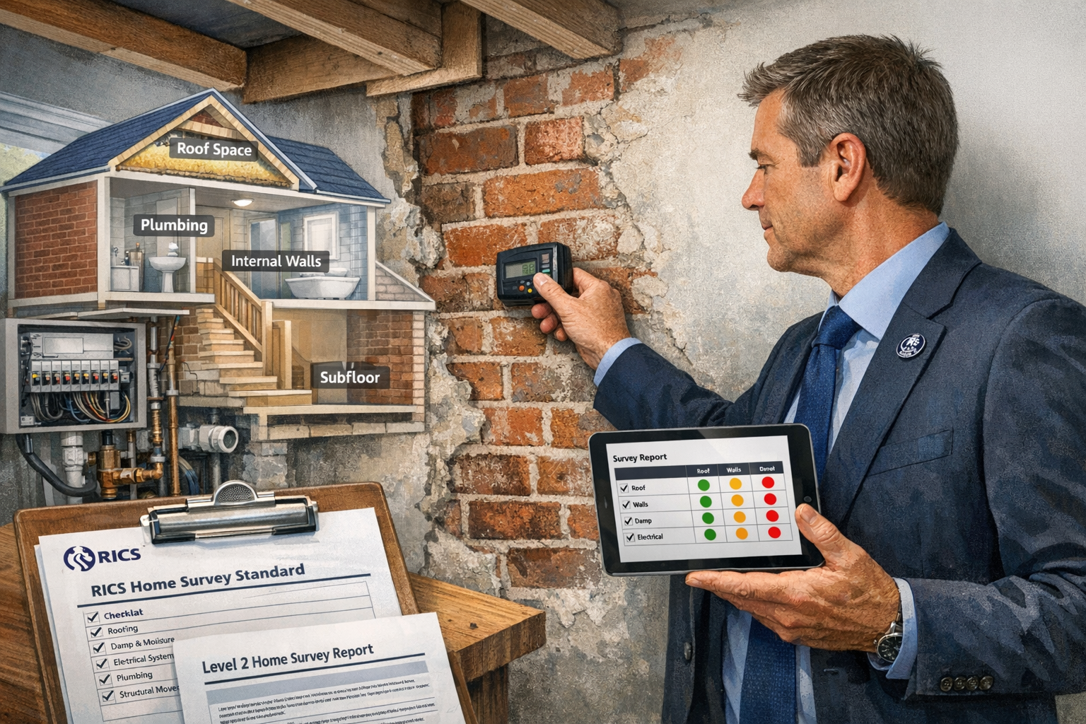 Detailed () image showing professional RICS chartered surveyor conducting comprehensive building inspection inside