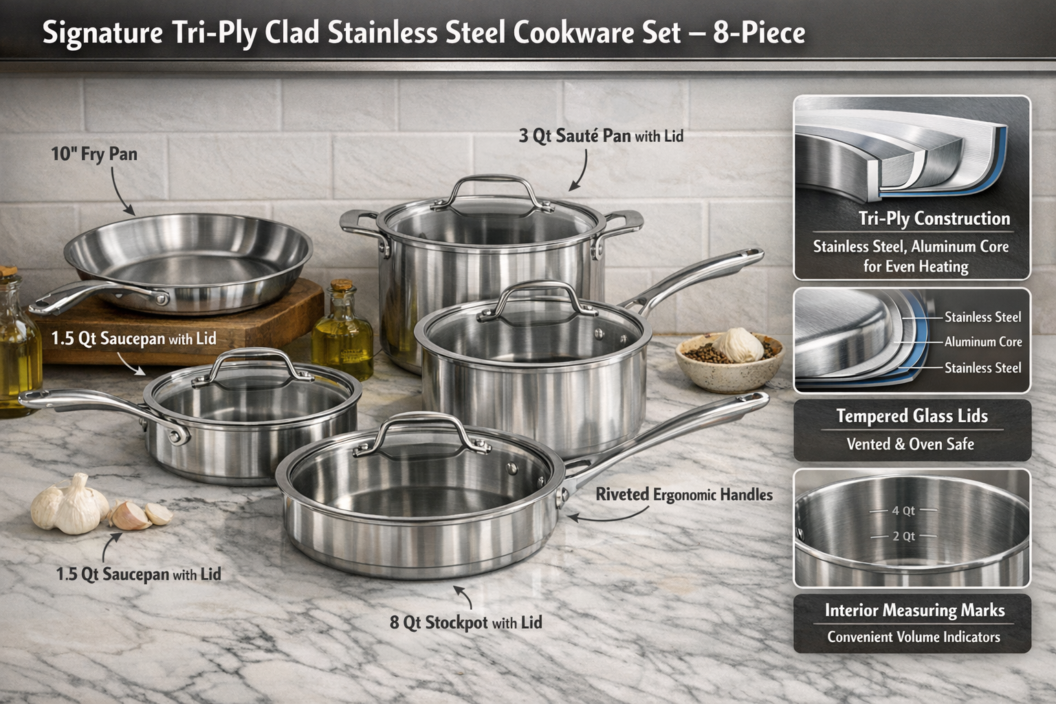 detailed showcase of Signature Tri-Ply Clad Stainless Steel Tramontina Cookware Set 8-Piece highlighting its main dashboard/interface