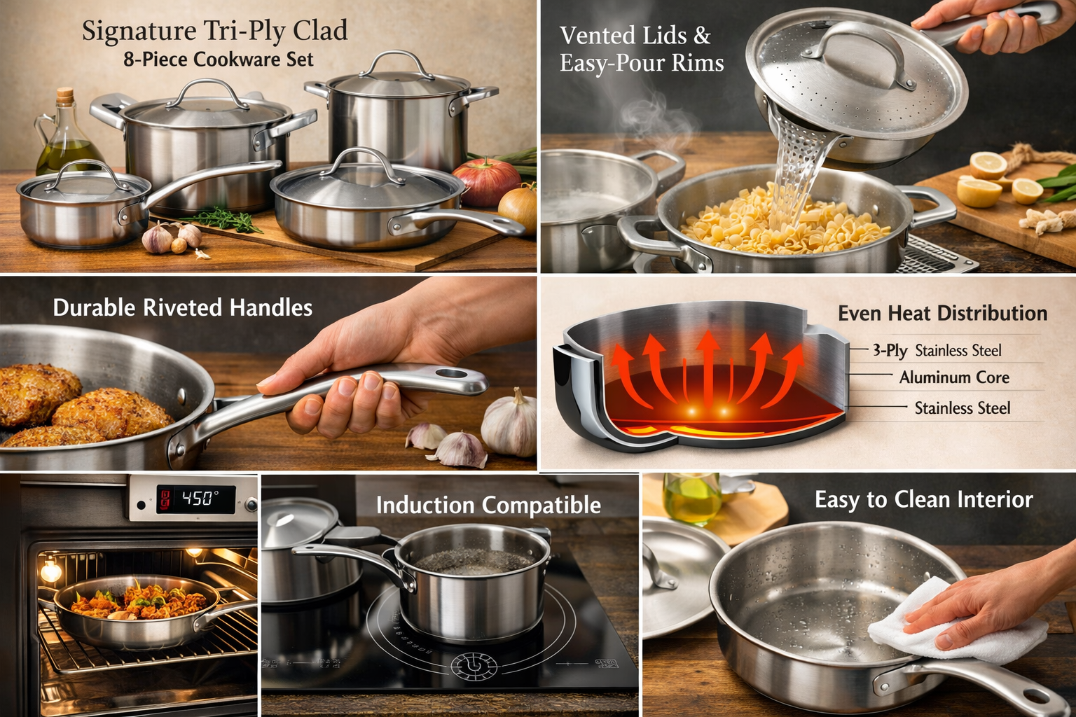 detailed showcase of Signature Tri-Ply Clad Stainless Steel Cookware Set 8-Piece highlighting key features in action — with an alternative layout