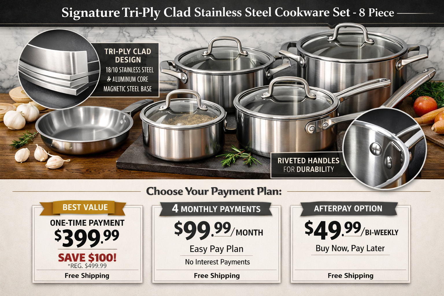 detailed showcase of the Tramontina Cookware Set 8-Piece Signature Tri-Ply Clad Stainless Steel Cookware Set 12-Piece highlighting pricing plans and options — showing a closeup detail view