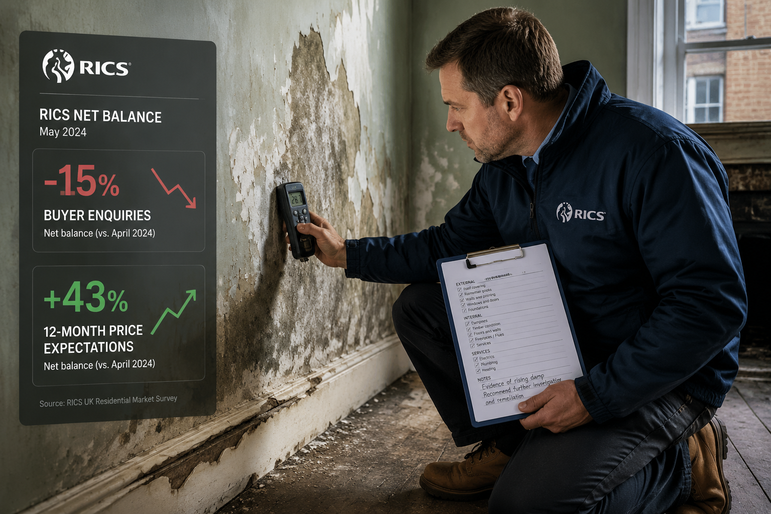 Wide-angle interior shot of a British surveyor in a navy jacket crouching to inspect a damp wall in a period property,