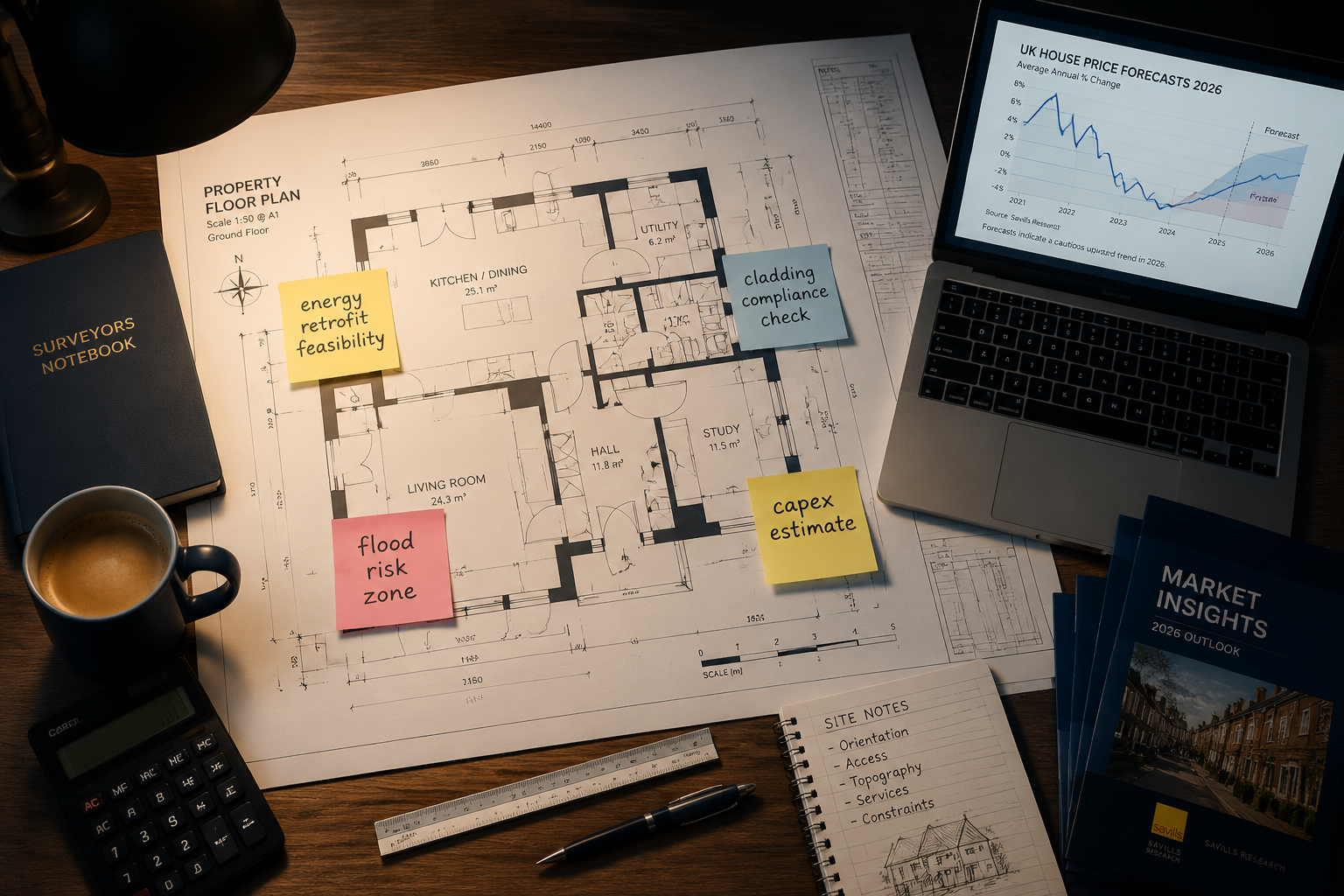 Overhead bird's-eye view of a surveyor's desk with a large-scale UK property floor plan spread out, annotated with sticky