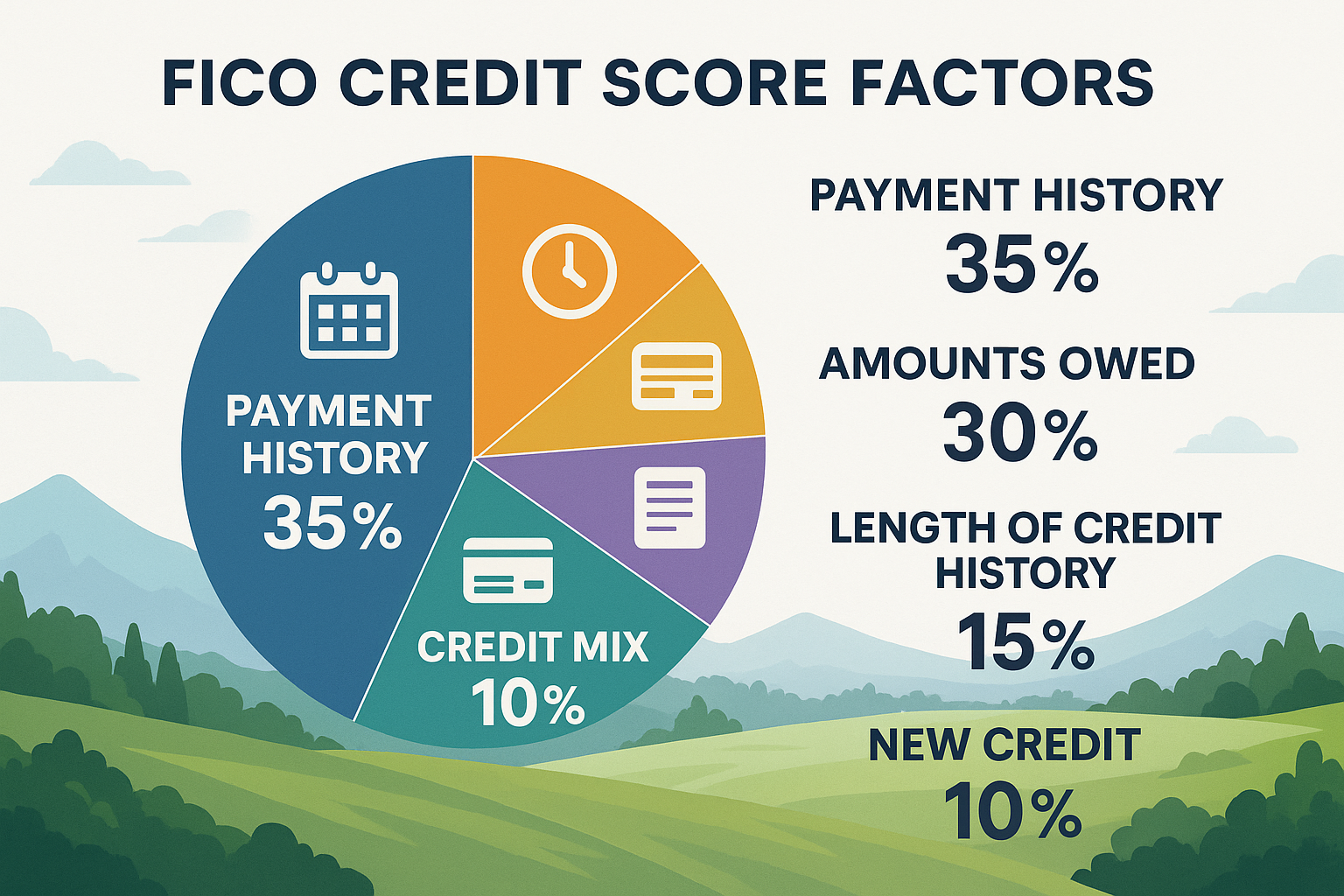 Detailed landscape infographic (1536x1024) showing the five FICO credit score factors as a colorful pie chart with clear percentage labels: 
