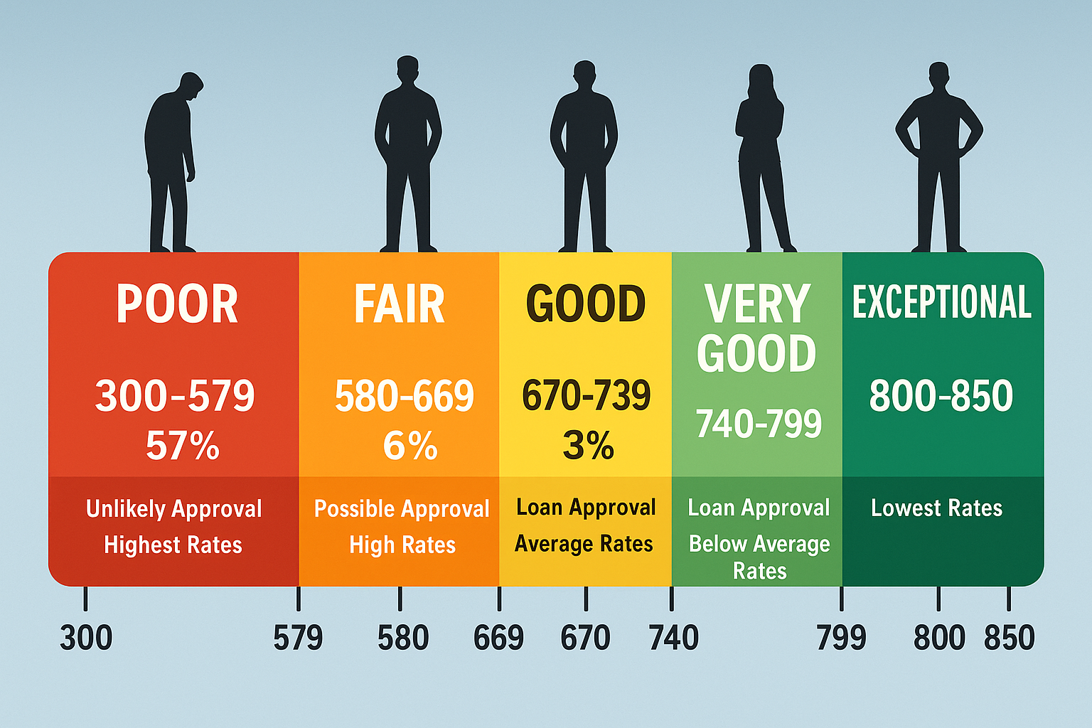 Detailed landscape illustration (1536x1024) depicting credit score ranges as a horizontal spectrum bar from 300 to 850, color-coded by tier: