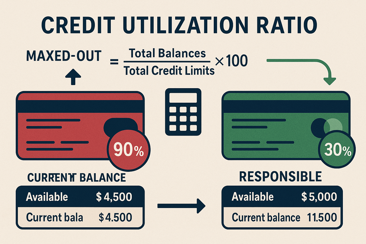 Detailed landscape conceptual illustration (1536x1024) showing credit utilization ratio concept with visual representation of credit cards d