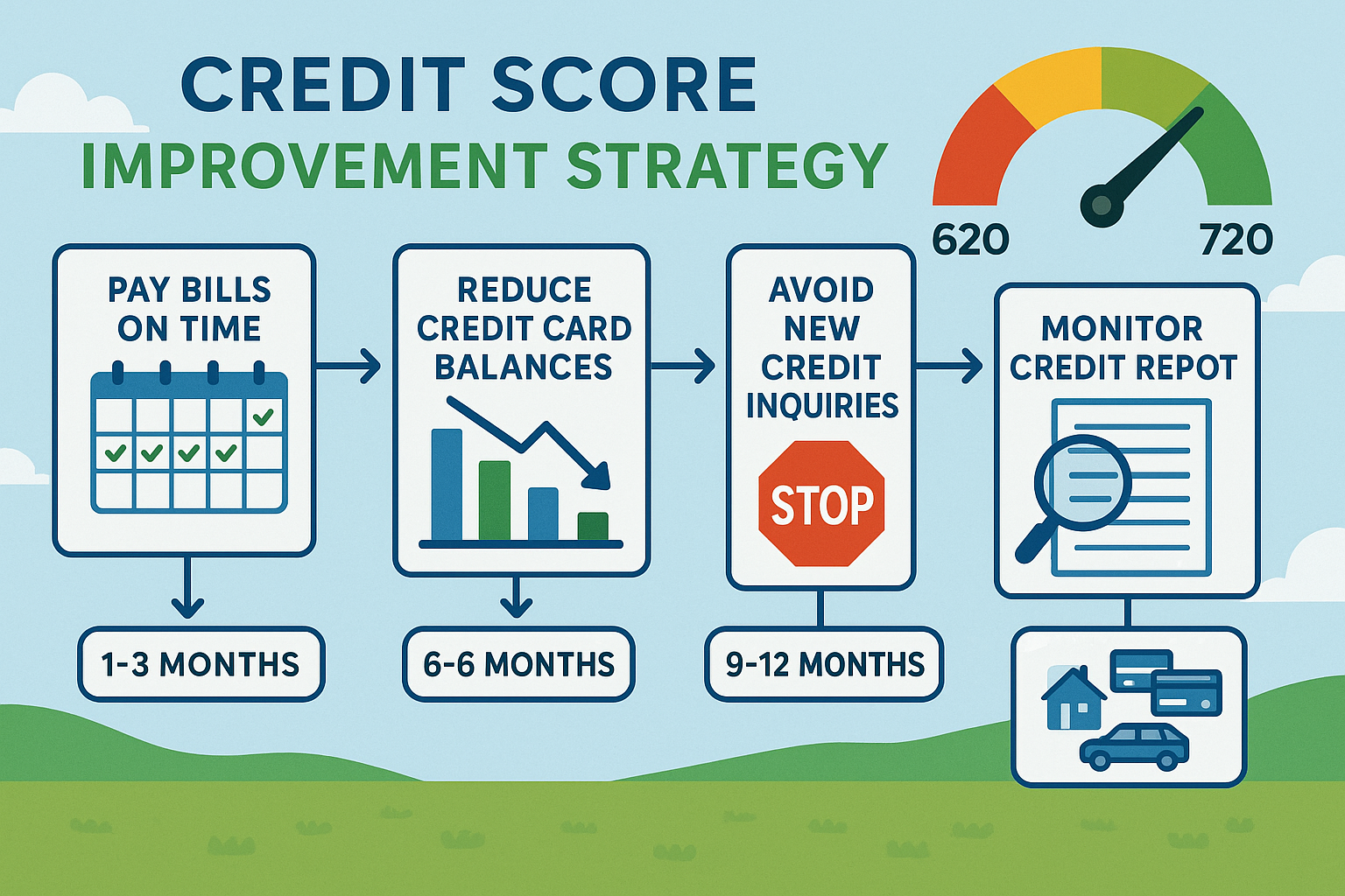 Detailed landscape flowchart diagram (1536x1024) illustrating step-by-step credit score improvement strategy over 12-month timeline. Visual 
