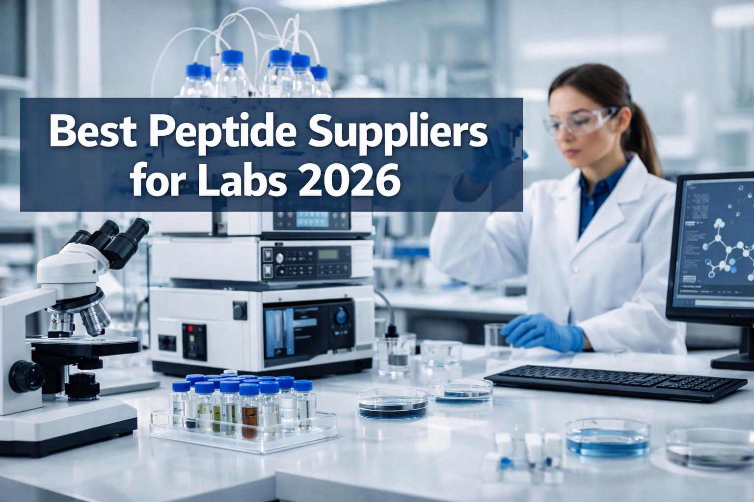 Professional landscape format (1536x1024) hero image featuring bold text overlay 'Best Peptide Suppliers for Labs 2026' in extra large 72pt 