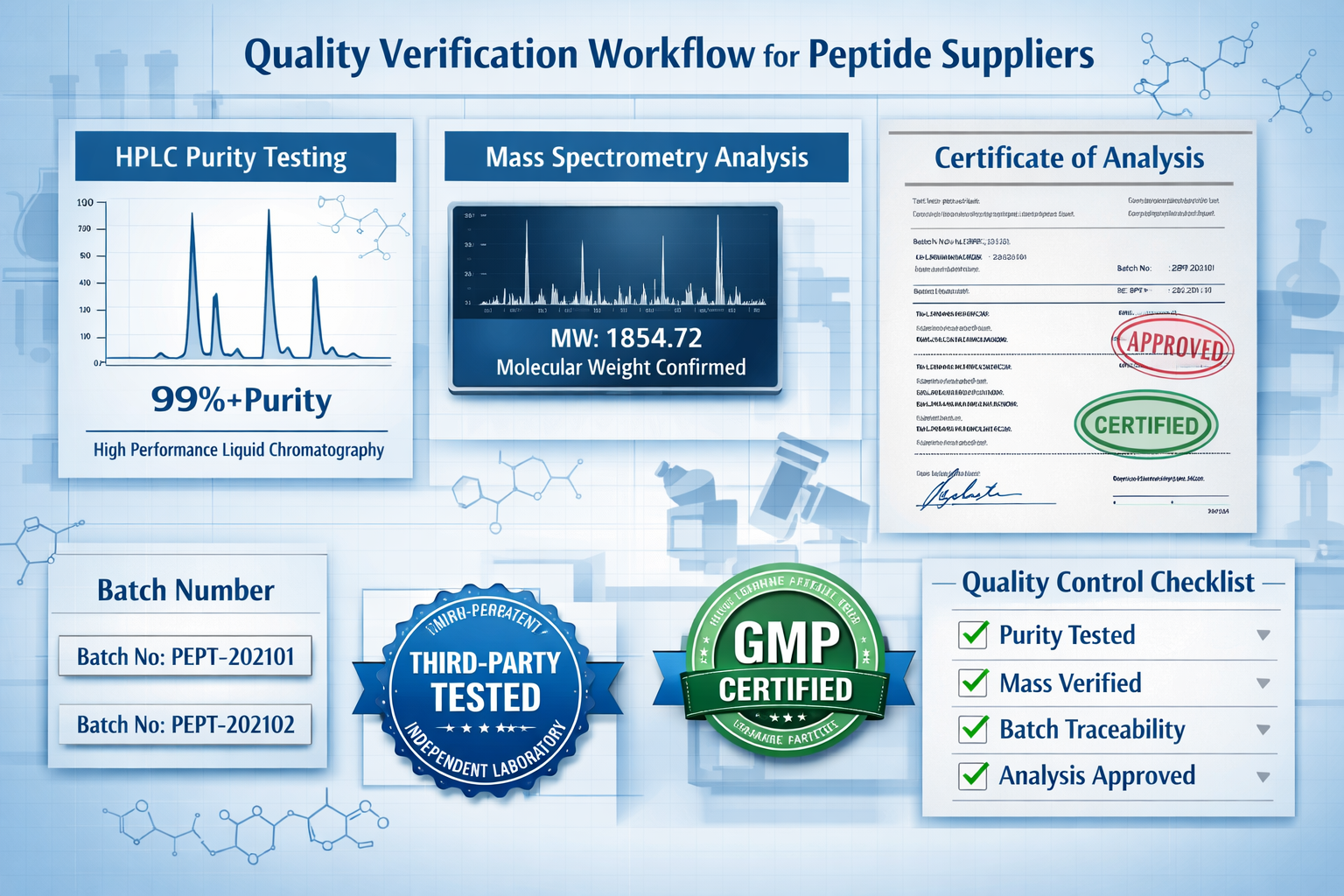 Landscape format (1536x1024) detailed infographic showing quality verification workflow for peptide suppliers, featuring HPLC chromatography