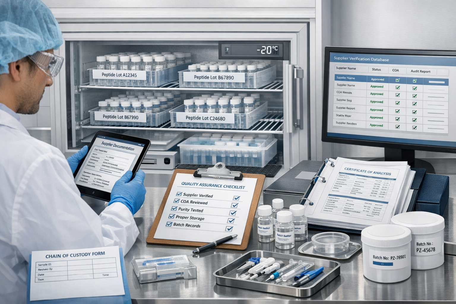 Landscape format (1536x1024) research laboratory scene showing peptide procurement best practices with scientist reviewing supplier document