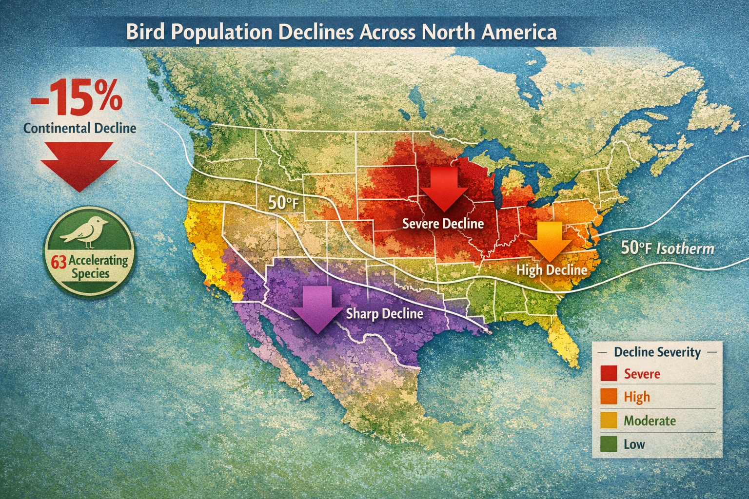 Detailed () image showing North American geographic heat map with color-coded bird decline intensity zones, Midwest region