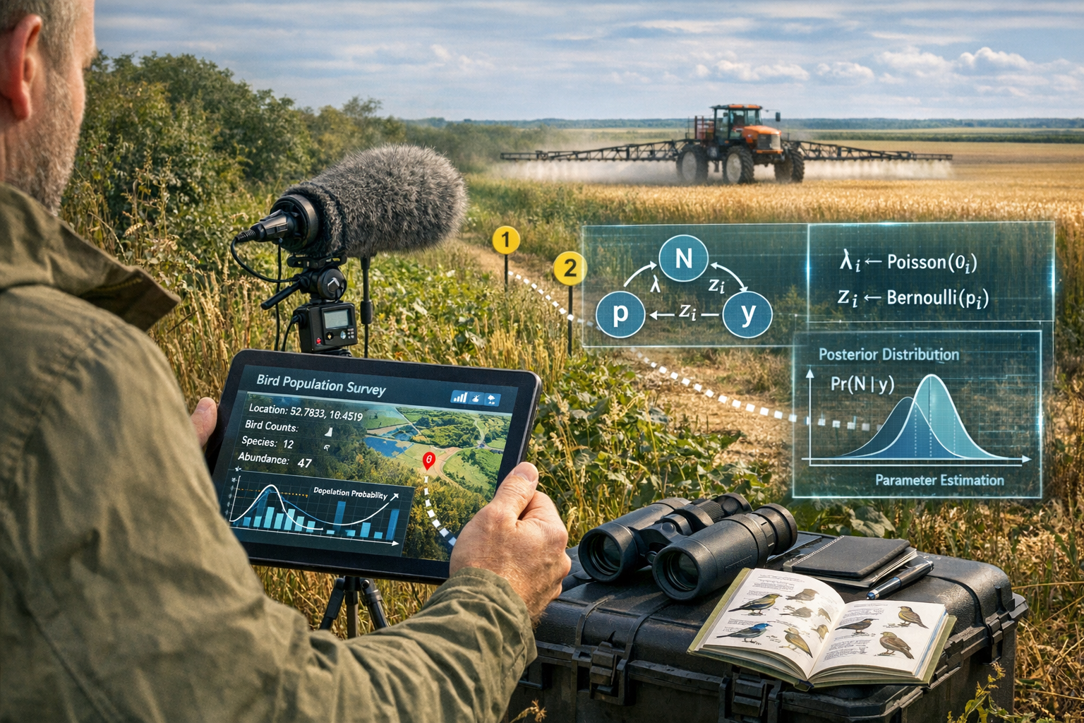 Detailed () image depicting modern ecological field survey methods in agricultural landscape setting, foreground shows