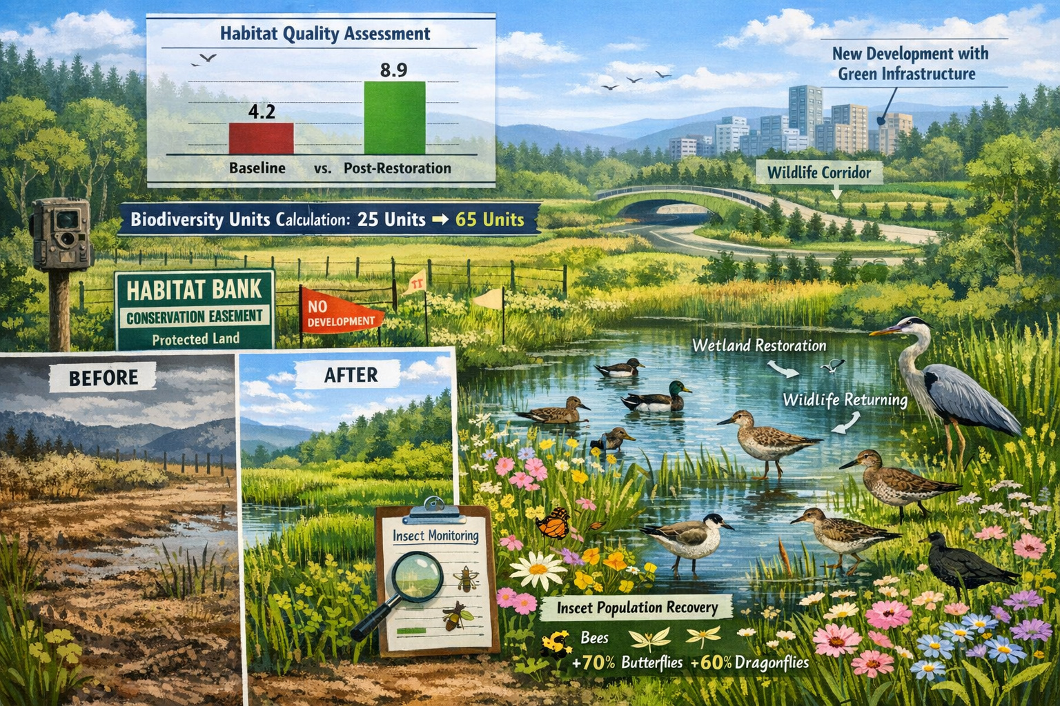 Detailed () image illustrating biodiversity net gain intervention strategies in North American habitat restoration context,