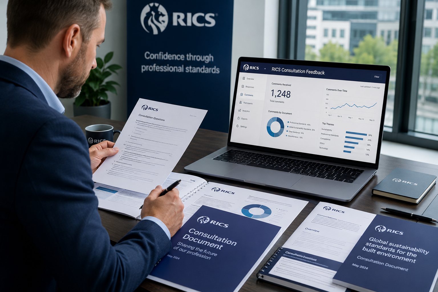 Wide-angle editorial photograph of a professional building surveyor reviewing RICS consultation documents spread across a