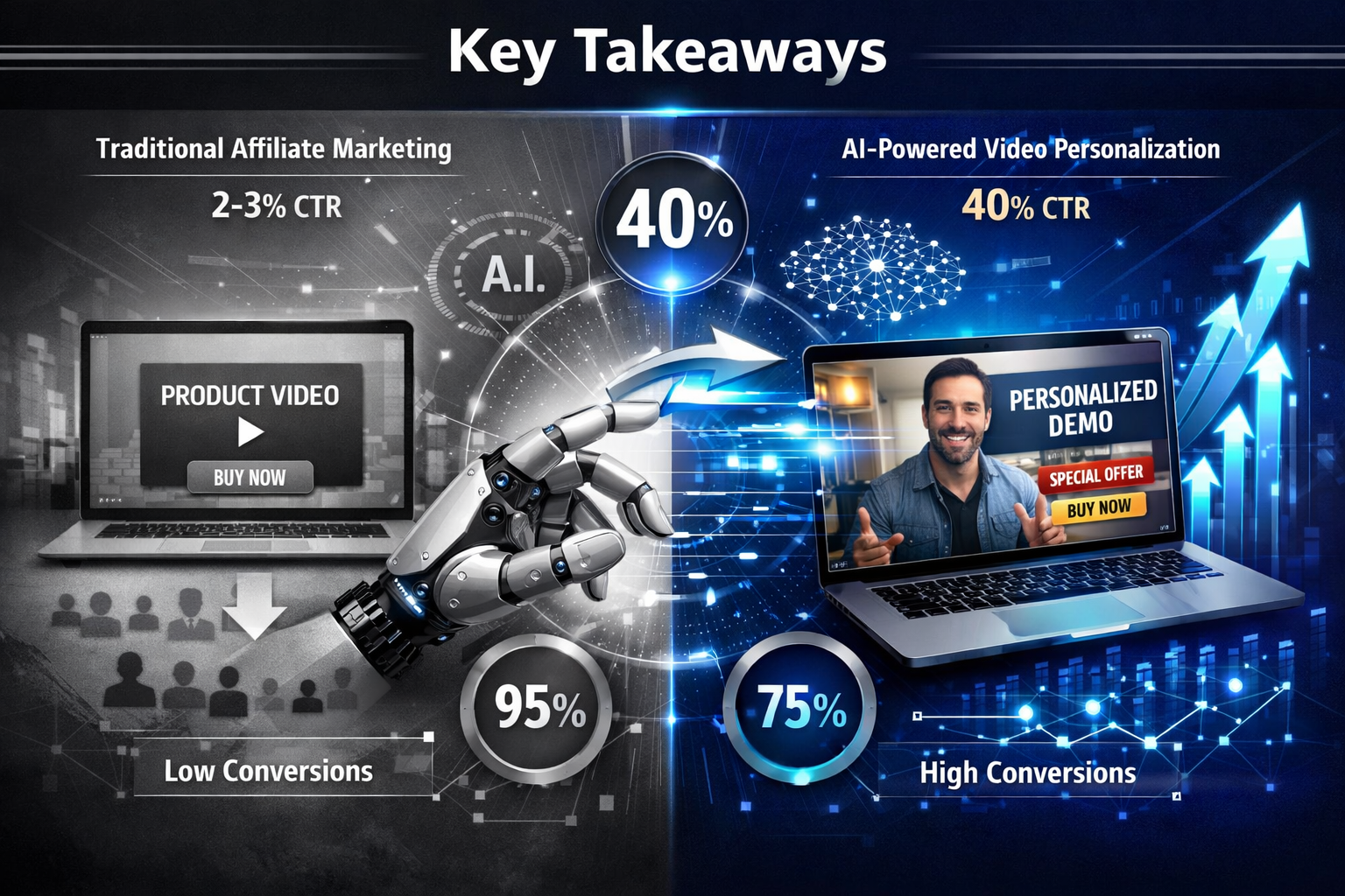 Key Takeaways section infographic with split-screen visualization: Left side shows traditional affiliate marketing
