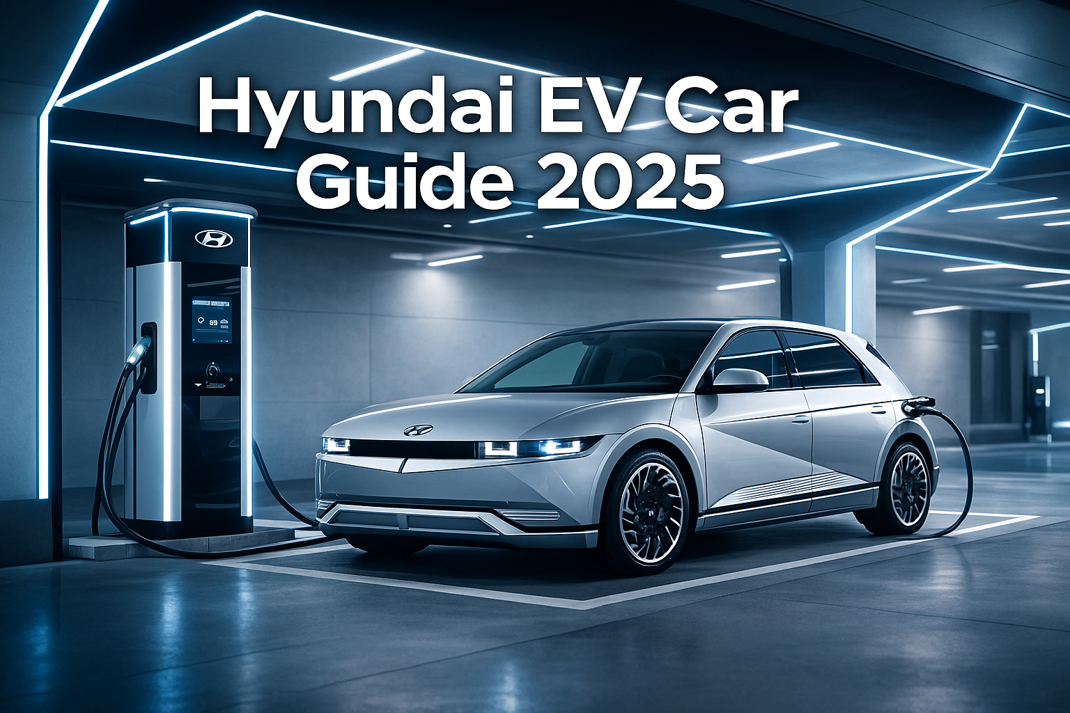 Professional landscape hero image (1536x1024) featuring bold text overlay 'Hyundai EV Car Guide 2025' in extra large 72pt white sans-serif f