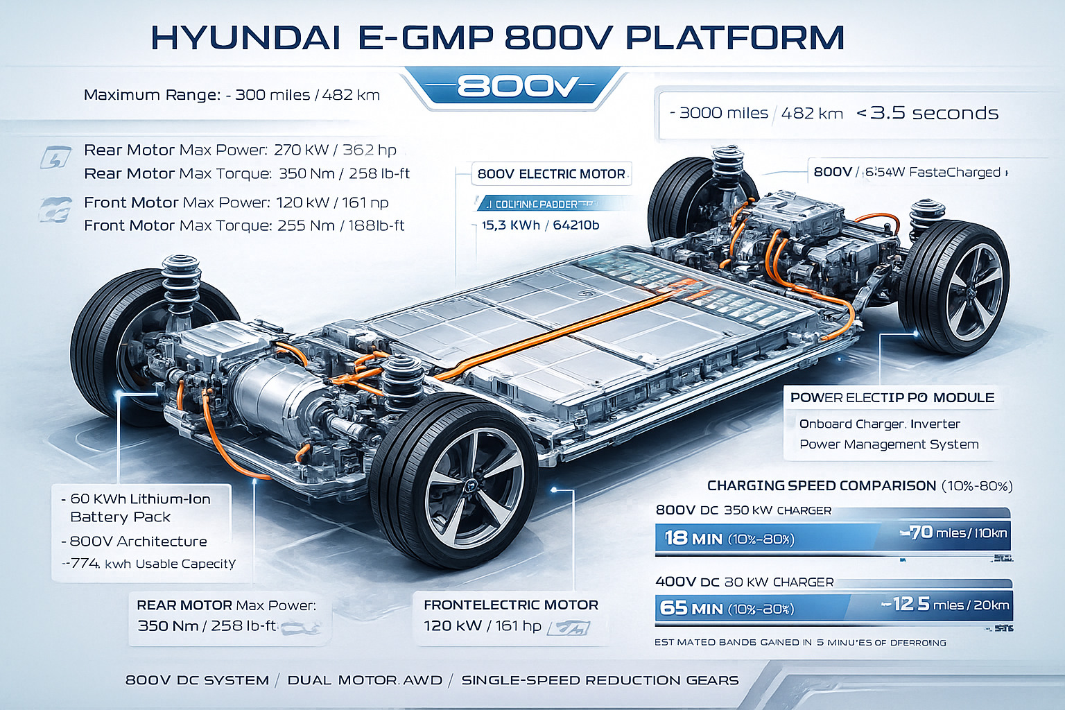 Technical cutaway illustration (1536x1024) of Hyundai E-GMP 800V platform showing battery pack, electric motors, and charging components wit