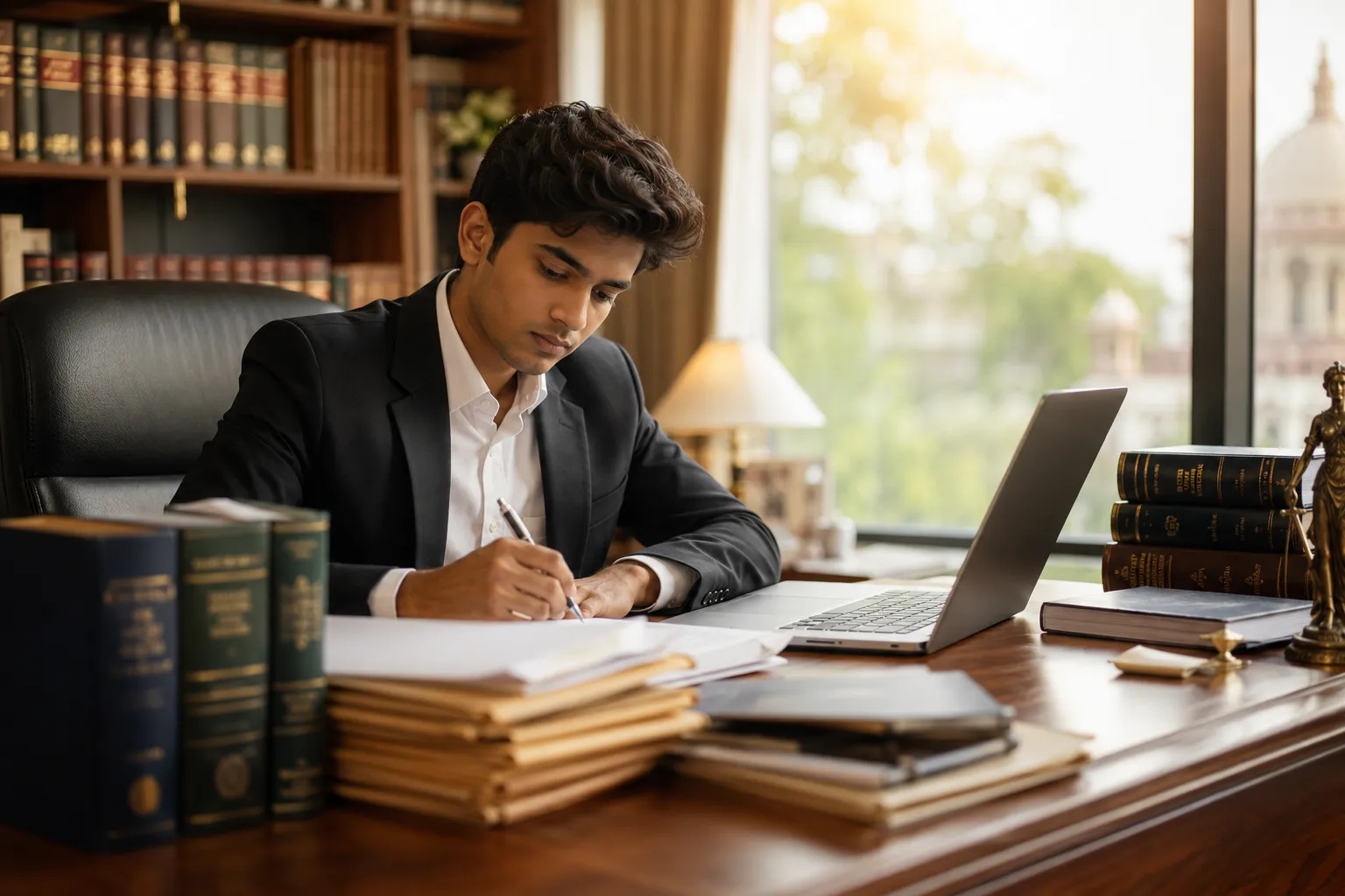 Editorial () hero image: a young Indian law student in formal attire sitting at a polished wooden desk inside a well-lit law